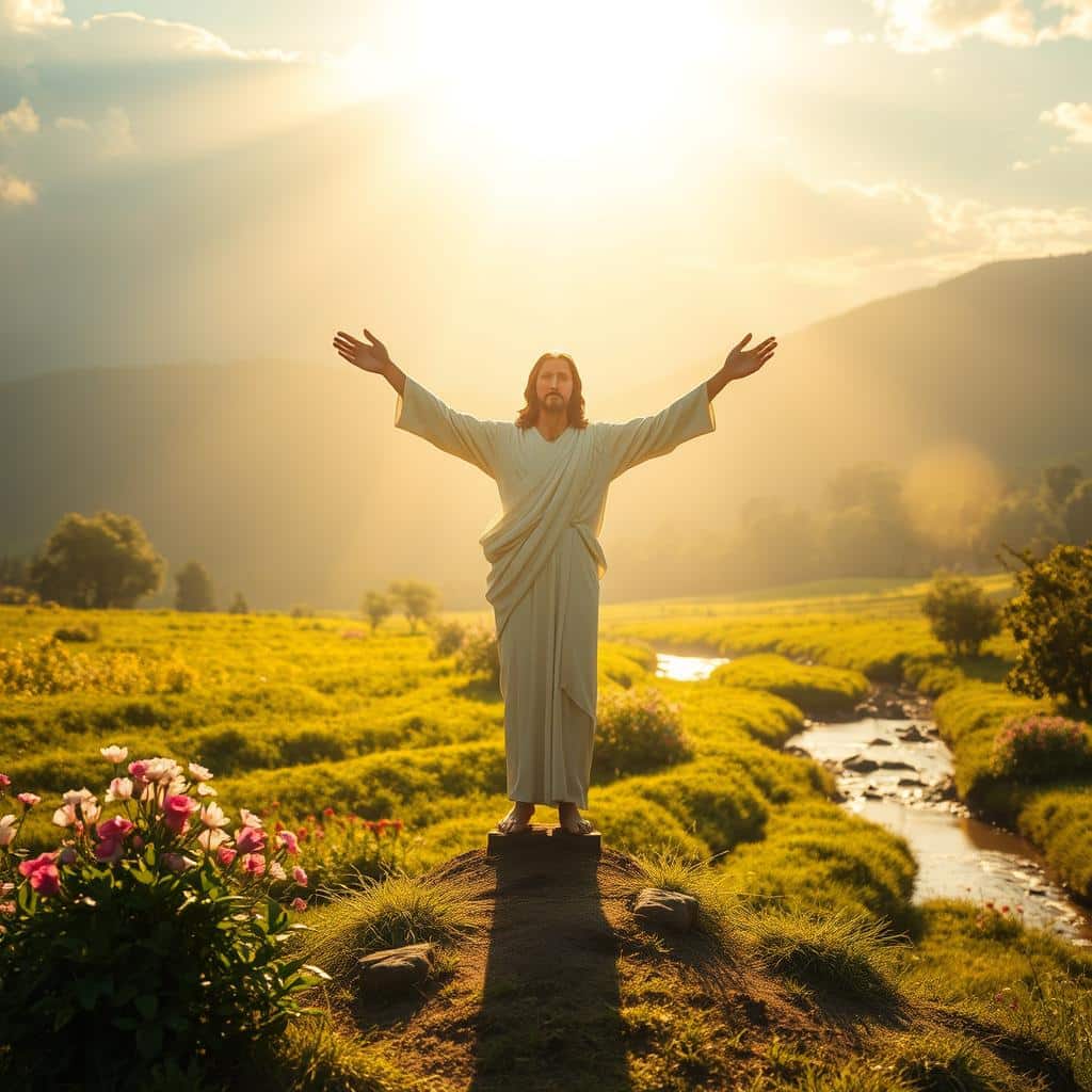 Prompt A glowing, ethereal light bathes a tranquil, pastoral scene. In the foreground, a lone figure representing the risen Christ stands with arms outstretched, emanating a sense of boundless hope and eternal life. Behind, a verdant landscape dotted with lush flora and a gently flowing river conveys the idea of rebirth and renewal. The sky is infused with a warm, golden glow, symbolizing the divine and the promise of heaven. The overall composition evokes a feeling of solace, peace, and the comforting Christian belief in the resurrection of the body.