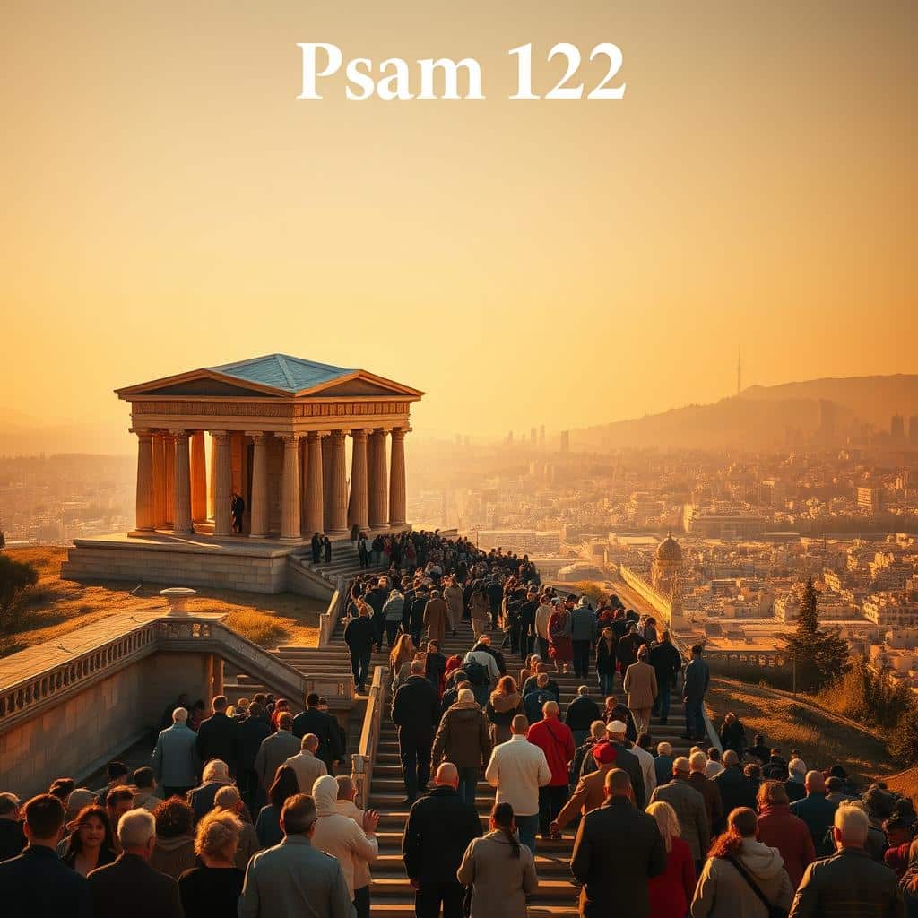 Psalm 122: A majestic temple on a hilltop, bathed in warm, golden light. In the foreground, a group of worshippers ascends the steps, their faces filled with reverence. The middle ground showcases the intricate architecture, with ornate columns and intricate carvings. In the background, a sprawling city skyline stands as a testament to the significance of this holy place. The scene evokes a sense of solemnity, unity, and the deep connection between the faithful and their spiritual home.