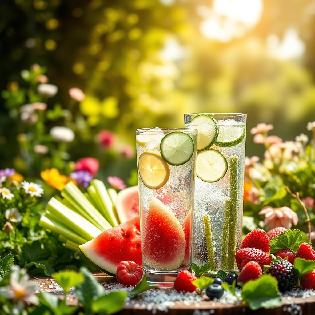 Seasonal hydration tips: a lush, verdant landscape with a central focus on a refreshing glass of water. The foreground features the glass, filled with crystal-clear water and accented with slices of lemon, lime, and cucumber. The middle ground showcases a variety of hydrating fruits and vegetables - juicy watermelon, crisp celery, and vibrant berries. The background depicts a serene, sun-dappled environment, hinting at the shifting seasons through elements like blooming flowers, falling leaves, or a light dusting of snow. The lighting is warm and natural, reflecting the mood of nourishing, year-round hydration. The overall composition evokes a sense of balance, wellness, and the importance of adapting your water intake to the changing seasons.