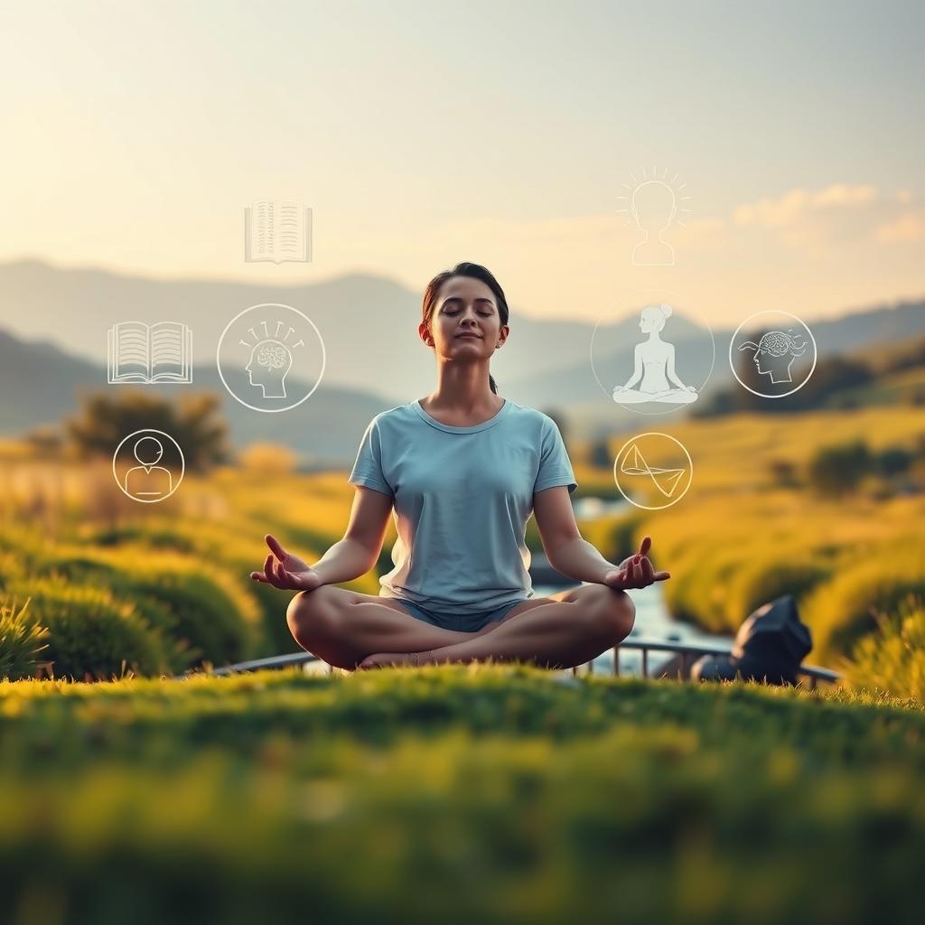 Serene landscape with a central figure practicing mindfulness meditation, surrounded by visual representations of mental wellness techniques. Soft, warm lighting illuminates the tranquil scene. In the foreground, the meditating person sits in a lotus position, their eyes closed, hands resting on their lap. In the middle ground, symbols of mental self-care activities such as journaling, deep breathing, and yoga poses are depicted. The background features soothing natural elements like a flowing stream, lush greenery, and a clear, expansive sky. An atmosphere of calmness, introspection, and holistic well-being pervades the image.