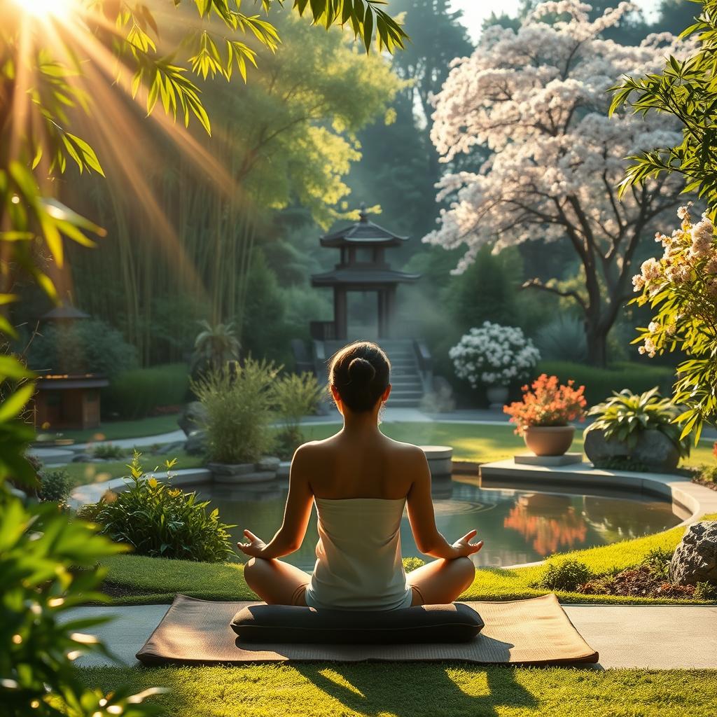 Serene morning meditation in a tranquil garden oasis. Sunlight filters through lush foliage, casting a warm, golden glow. In the foreground, a person sits cross-legged on a meditation cushion, eyes closed, hands resting gently on their lap. Wisps of incense drift through the air, creating a calming atmosphere. In the middle ground, a small koi pond reflects the surrounding greenery, its gentle ripples soothing the senses. In the background, a pagoda-style structure stands, framed by towering bamboo and flowering cherry trees. The overall scene evokes a sense of inner peace, balance, and rejuvenation.