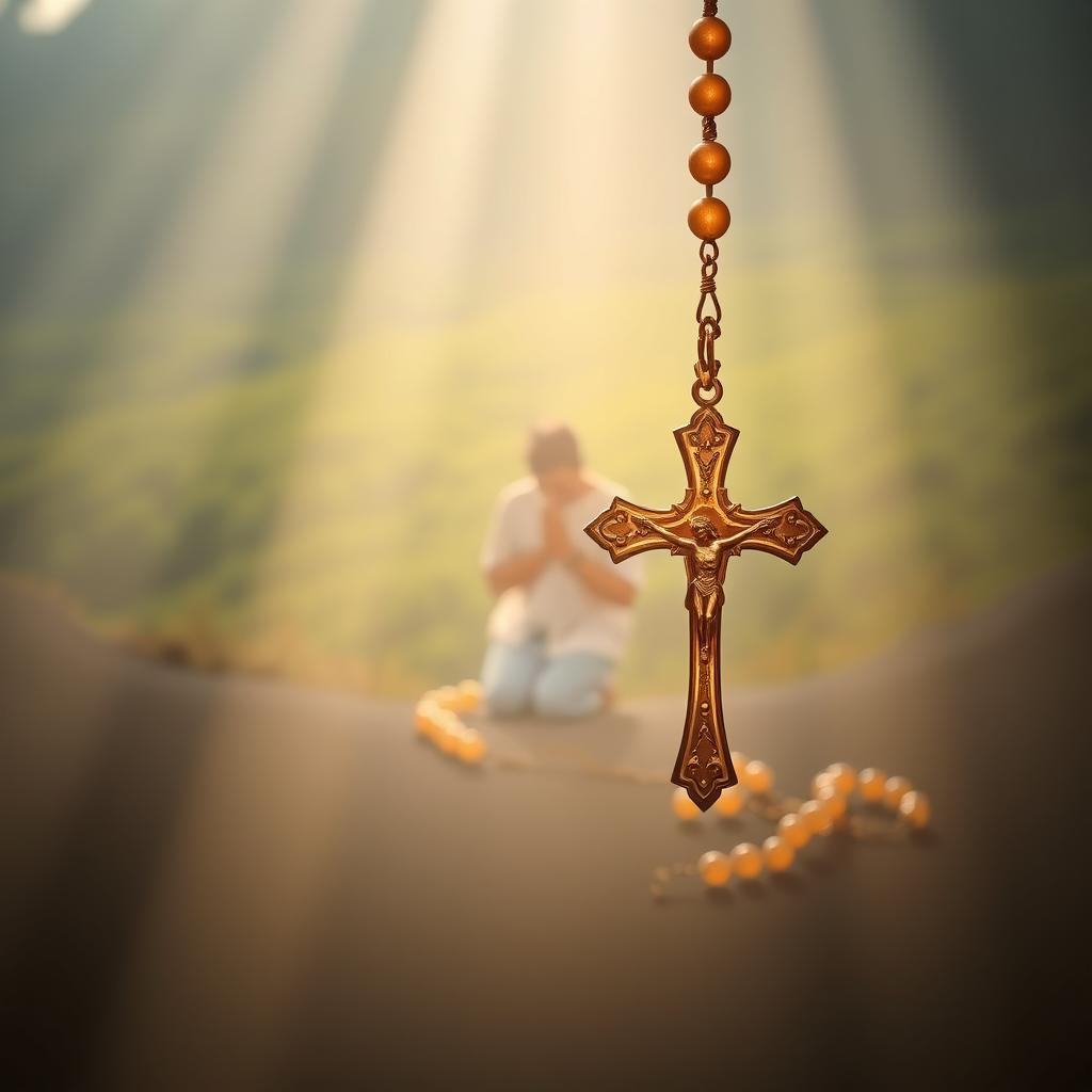 Soft, ethereal light cascades over a serene scene. In the foreground, a rosary flows gently, each bead glowing with a warm, soothing radiance. The intricate details of the cross and crucifix are rendered with reverent precision. In the middle ground, a figure kneels in prayer, their face uplifted, bathed in the rosary's healing power. Behind them, a lush, verdant landscape stretches, as if to represent the flourishing of faith and divine grace. The overall mood is one of tranquility, devotion, and the transformative essence of the rosary's spiritual connection.