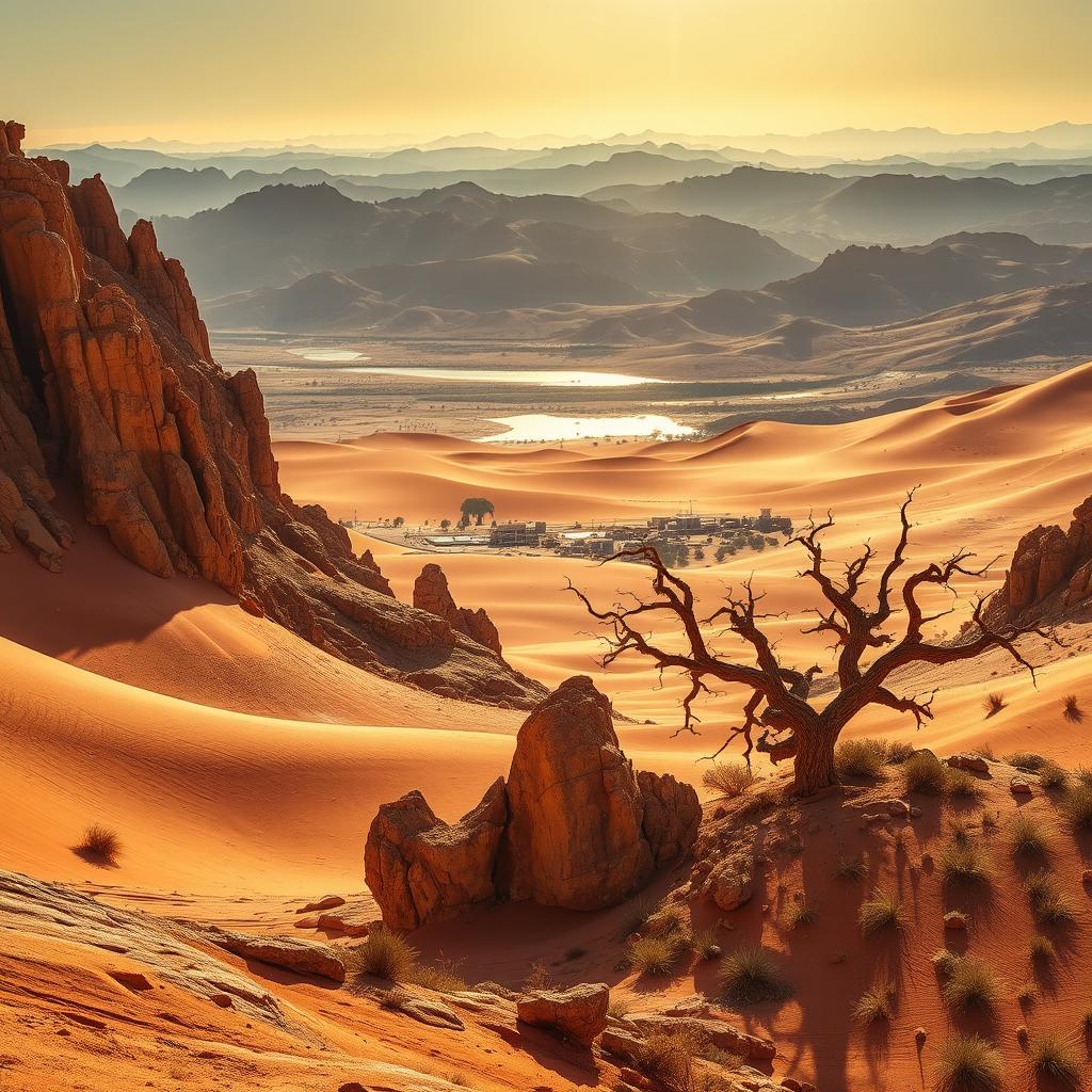 Vast, windswept desert landscapes, sculpted by the elements over eons. Towering sand dunes in hues of golden ochre and burnt sienna, cast in dramatic shadows by a low-angle desert sun. Jagged rocky outcroppings, their weathered textures and vibrant colors seemingly from another world. In the distance, shimmering mirage-like oases, surrounded by twisted, gnarled trees and scrubby vegetation clinging to life. Captured with a wide-angle lens to convey the grand, majestic scale of this otherworldly desert realm, bathed in warm, golden light that evokes a sense of timeless, primal beauty.