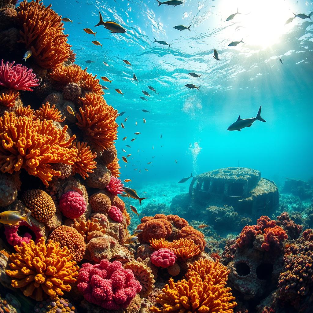Vibrant coral reef teeming with marine life, surrounded by crystal clear turquoise waters. Close-up view of intricate, colorful coral formations in the foreground, with schools of tropical fish darting between them. In the middle ground, rays and sharks gliding gracefully, while a coral-encrusted shipwreck sits on the ocean floor. Sunlight filters down from the surface, casting a warm, golden glow over the entire scene. Captured with a wide-angle lens to showcase the depth and scale of this underwater paradise. Convey a sense of wonder, beauty, and the delicate balance of this fragile marine ecosystem.