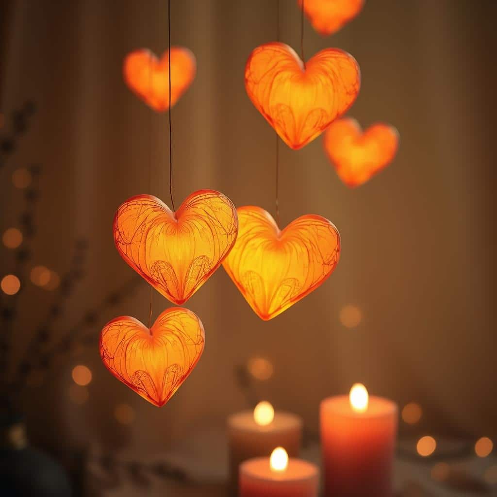 Warm, glowing hearts floating in a serene, candlelit atmosphere. Soft, diffused lighting creates a cozy, inviting ambience, as if illuminating a peaceful, contemplative space. The hearts, detailed with intricate textures and gentle gradients, appear to drift effortlessly, conveying a sense of tranquility and inner reflection. In the background, a muted, twinkling backdrop suggests a starry night sky or the gentle glow of a fireplace, adding to the intimate, spiritual mood. This image evokes a feeling of openness, vulnerability, and the spiritual preparation for Gaudete Sunday.