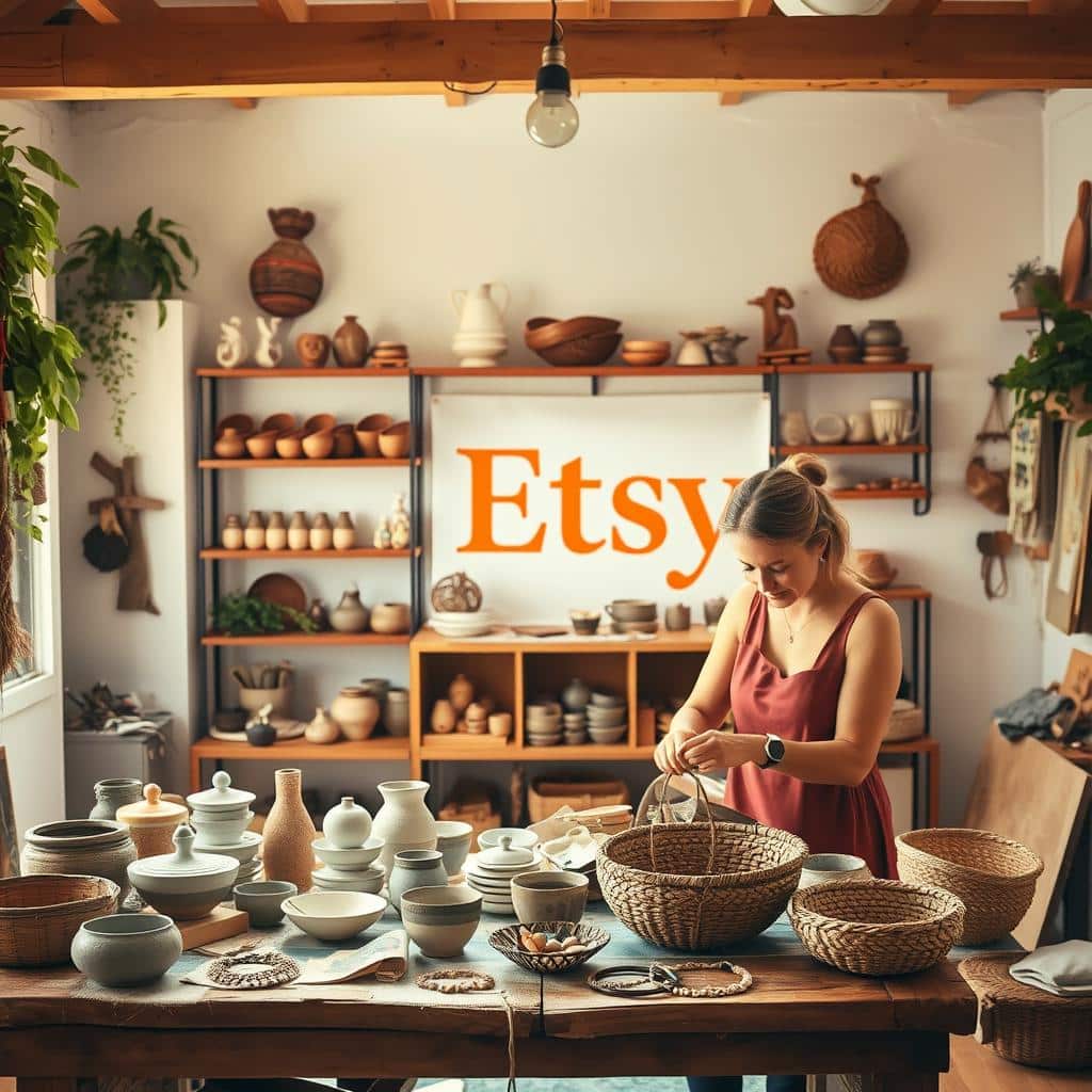 Warm, natural lighting illuminates a cozy home studio. In the foreground, a craftswoman carefully arranges handmade goods - ceramics, woven baskets, and artisanal jewelry - on a rustic wooden table. Shelves in the middle ground display an array of unique, one-of-a-kind items, each with its own story. The background features a large Etsy logo, symbolizing the platform that connects this maker's creations with a global audience of discerning customers. An atmosphere of creativity, passion, and entrepreneurial spirit pervades the scene.