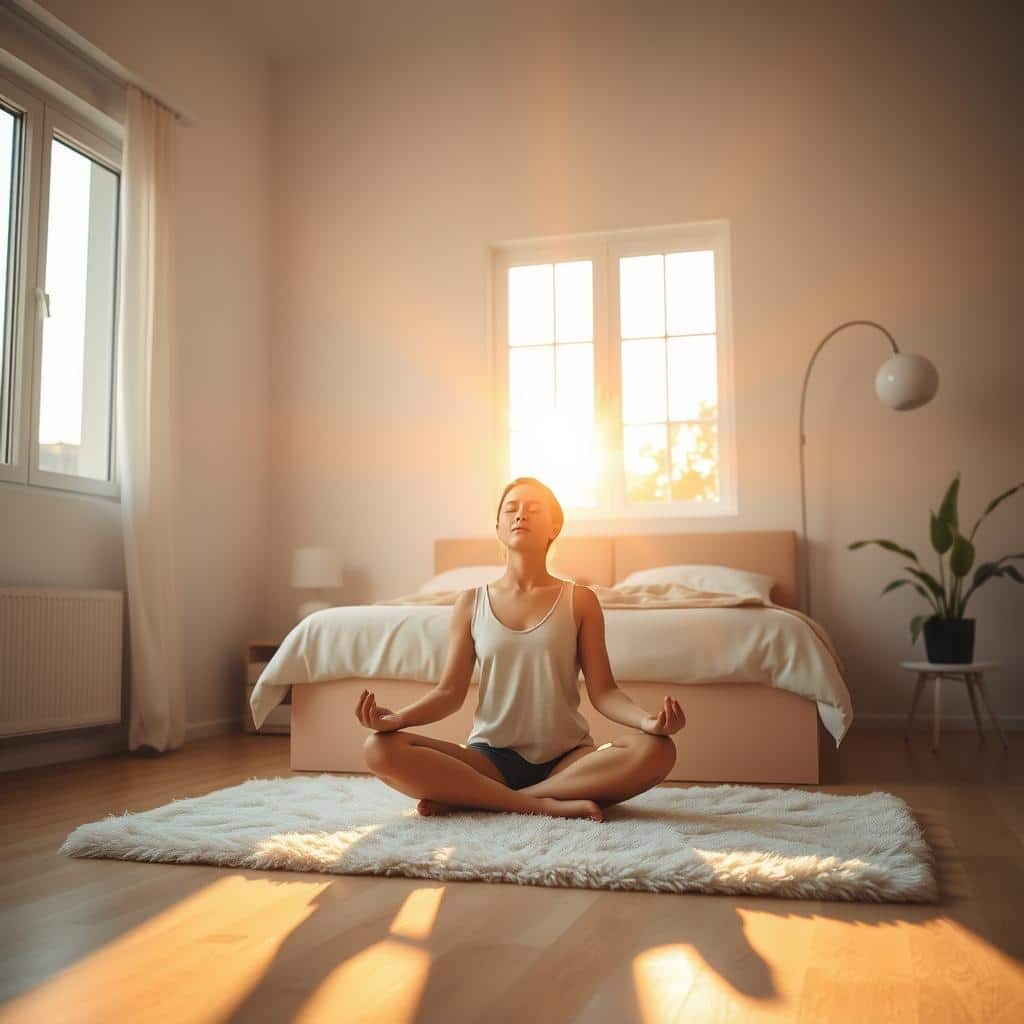 a serene, softly lit bedroom in the early morning. A person is sitting cross-legged on a plush rug, eyes closed in deep meditation. Warm sunlight streams through a large window, casting a gentle glow on the scene. The room is minimalist, with a simple bed, a nightstand, and a potted plant adding touches of nature. The atmosphere is calm and tranquil, inviting the viewer to slow down and find their own center of peace. The person's posture and expression convey a sense of inner focus and stillness, embodying the integration of meditation into a morning routine.