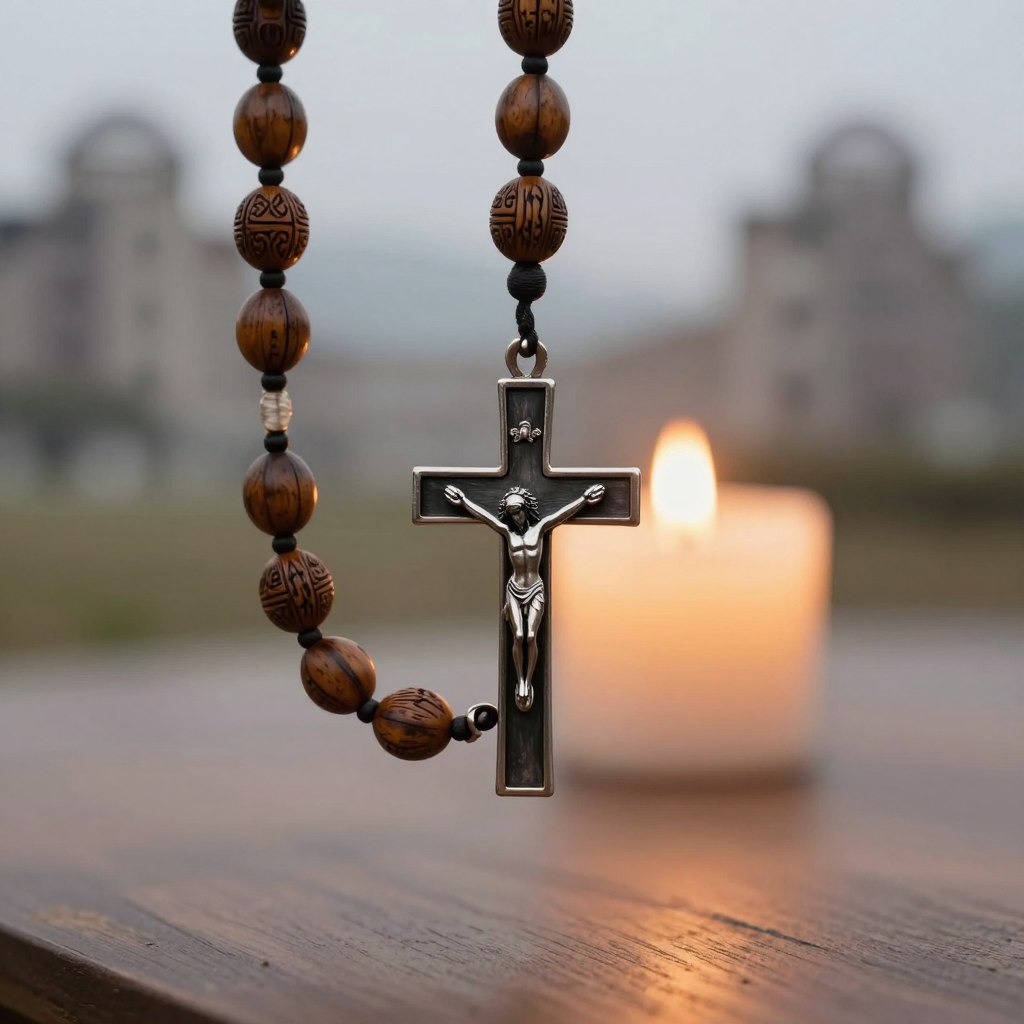 A Hiroshima Jesuit survival rosary elegantly displayed in the foreground, featuring intricately carved wooden beads with a rustic, weathered finish and a gleaming metal crucifix. The beads are arranged artfully, highlighting their deep cultural and spiritual significance. In the middle ground, a soft, warm candlelight casts gentle shadows, evoking a sense of peace and divine protection. The background reveals a blurred outline of a serene landscape, symbolizing hope amidst the turmoil of modern conflicts. The atmosphere is reverent and contemplative, with ethereal light filtering through a subtle mist, creating a harmonious blend of warmth and tranquility. The lens captures the details crisply while maintaining a soft focus on the background, suggesting a peaceful sanctuary amid chaos. A Hiroshima Jesuit survival rosary elegantly displayed in the foreground, featuring intricately carved wooden beads with a rustic, weathered finish and a gleaming metal crucifix. The beads are arranged artfully, highlighting their deep cultural and spiritual significance. In the middle ground, a soft, warm candlelight casts gentle shadows, evoking a sense of peace and divine protection. The background reveals a blurred outline of a serene landscape, symbolizing hope amidst the turmoil of modern conflicts. The atmosphere is reverent and contemplative, with ethereal light filtering through a subtle mist, creating a harmonious blend of warmth and tranquility. The lens captures the details crisply while maintaining a soft focus on the background, suggesting a peaceful sanctuary amid chaos.