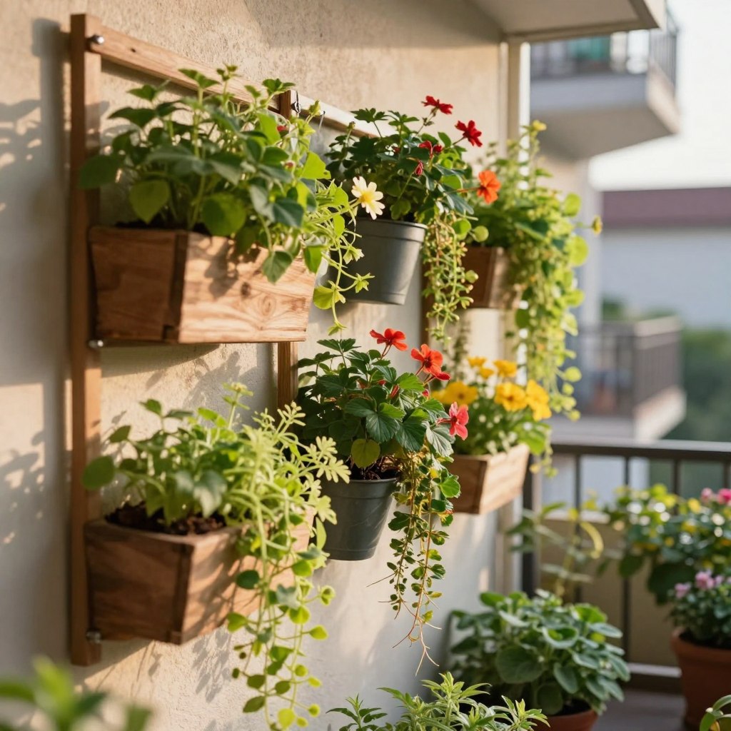 A beautifully arranged vertical garden set against a sunlit urban wall, showcasing a variety of lush green plants, vibrant flowers, and herbs cascading from wooden and metal planters. In the foreground, close-up details of hanging pots display rich soil and thriving roots, emphasizing the health of the plants. The middle ground features a well-structured trellis with an array of colors, from deep greens to bright blooms, creating depth and texture. In the background, a soft-focus view of a cozy balcony with a light breeze gently swaying the plants, enhancing the serene atmosphere. The lighting is warm and natural, with soft shadows that evoke a peaceful morning, ideal for small-space gardening enthusiasts.
