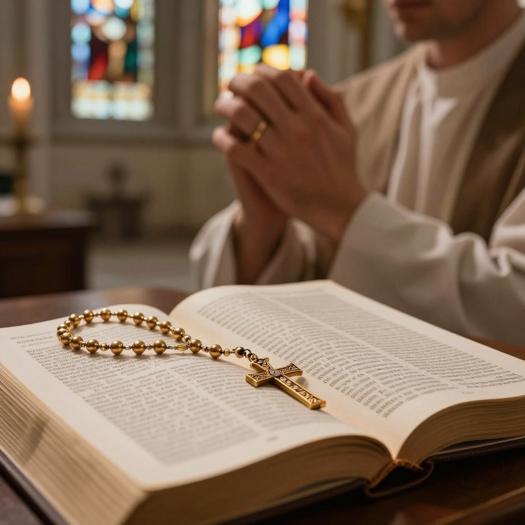 A beautifully crafted Miraculous Conversions Rosary, draped elegantly over an open Bible, positioned in the foreground. The rosary features intricately designed beads, glimmering softly in warm, golden light. In the middle ground, a pair of hands, dressed in modest attire, are gently clasped in prayer, conveying a sense of devotion and hope. The background is softly blurred, featuring an ethereal church interior with stained glass windows casting colorful reflections, enhancing the spiritual atmosphere. The scene is illuminated by gentle, diffused lighting that creates a serene and contemplative mood, inviting viewers into a moment of personal healing and miraculous transformation. The angle is slightly elevated, giving a rich perspective while keeping the focus on the rosary and hands in prayer. A beautifully crafted Miraculous Conversions Rosary, draped elegantly over an open Bible, positioned in the foreground. The rosary features intricately designed beads, glimmering softly in warm, golden light. In the middle ground, a pair of hands, dressed in modest attire, are gently clasped in prayer, conveying a sense of devotion and hope. The background is softly blurred, featuring an ethereal church interior with stained glass windows casting colorful reflections, enhancing the spiritual atmosphere. The scene is illuminated by gentle, diffused lighting that creates a serene and contemplative mood, inviting viewers into a moment of personal healing and miraculous transformation. The angle is slightly elevated, giving a rich perspective while keeping the focus on the rosary and hands in prayer.