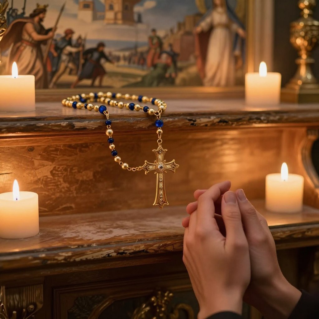 A beautifully crafted victory rosary, its beads glimmering with a rich golden hue and deep blue accents, arranged artistically on a weathered wooden altar. In the foreground, delicate hands clasp the rosary in earnest prayer, symbolizing faith and devotion. The middle layer features soft candlelight, casting warm glows over the rosary, enhancing the sacred ambiance. In the background, faint images of historical battles and Marian apparitions are subtly illustrated, hinting at the triumphs attributed to divine intercession. The lighting is warm and inviting, illuminated by candle flames that flicker gently. The mood is reverent and serene, evoking a sense of peace and hope. A beautifully crafted victory rosary, its beads glimmering with a rich golden hue and deep blue accents, arranged artistically on a weathered wooden altar. In the foreground, delicate hands clasp the rosary in earnest prayer, symbolizing faith and devotion. The middle layer features soft candlelight, casting warm glows over the rosary, enhancing the sacred ambiance. In the background, faint images of historical battles and Marian apparitions are subtly illustrated, hinting at the triumphs attributed to divine intercession. The lighting is warm and inviting, illuminated by candle flames that flicker gently. The mood is reverent and serene, evoking a sense of peace and hope.