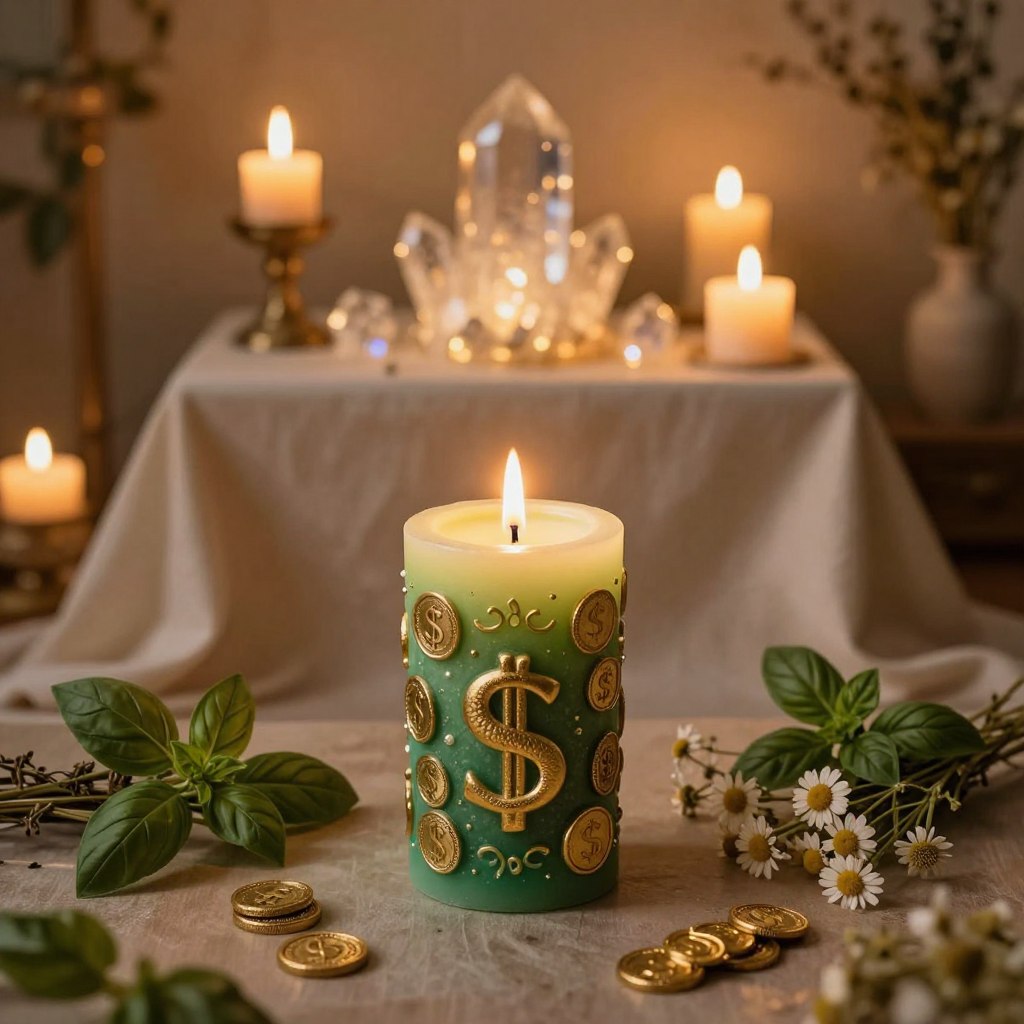 A beautifully designed money candle, richly adorned in green and gold, prominently placed in the foreground. The candle is intricately carved with symbols of abundance, such as coins and dollar signs. Surrounding the candle are small bundles of dried herbs like basil and chamomile, representing prosperity. In the middle ground, a softly glowing altar is set with sparkling crystals and an elegantly draped cloth, emphasizing the theme of wealth. In the background, a warm, inviting room is softly illuminated by flickering candlelight, creating a tranquil and magical atmosphere. The perspective is slightly top-down, capturing the depth of the scene, with a focus on the details. Soft, ambient lighting enhances the mystique, evoking feelings of hope and abundance. Overall, the image should inspire a sense of calm and focused intention.
