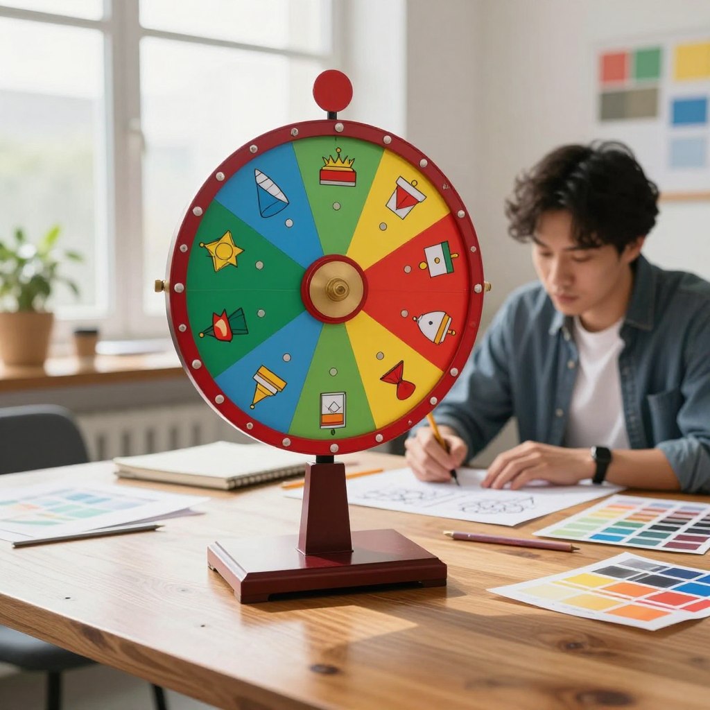 A beautifully designed spinning wheel takes center stage, featuring vibrant segments in shades of blue, green, yellow, and red. The wheel is adorned with elegant patterns and icons representing various prizes. In the foreground, a polished wooden table showcases the wheel's sturdy base, reflecting soft natural light. The middle ground displays a professional designer sketching ideas on paper, wearing smart casual attire, surrounded by vibrant design tools and color swatches. In the background, a bright, airy office environment with large windows letting in sunlight enhances the creative atmosphere. The scene conveys a sense of excitement and inspiration, inviting viewers to envision their own unique spinning wheel designs. The overall mood is energetic and innovative, emphasizing the creative possibilities in designing an interactive visual interface.