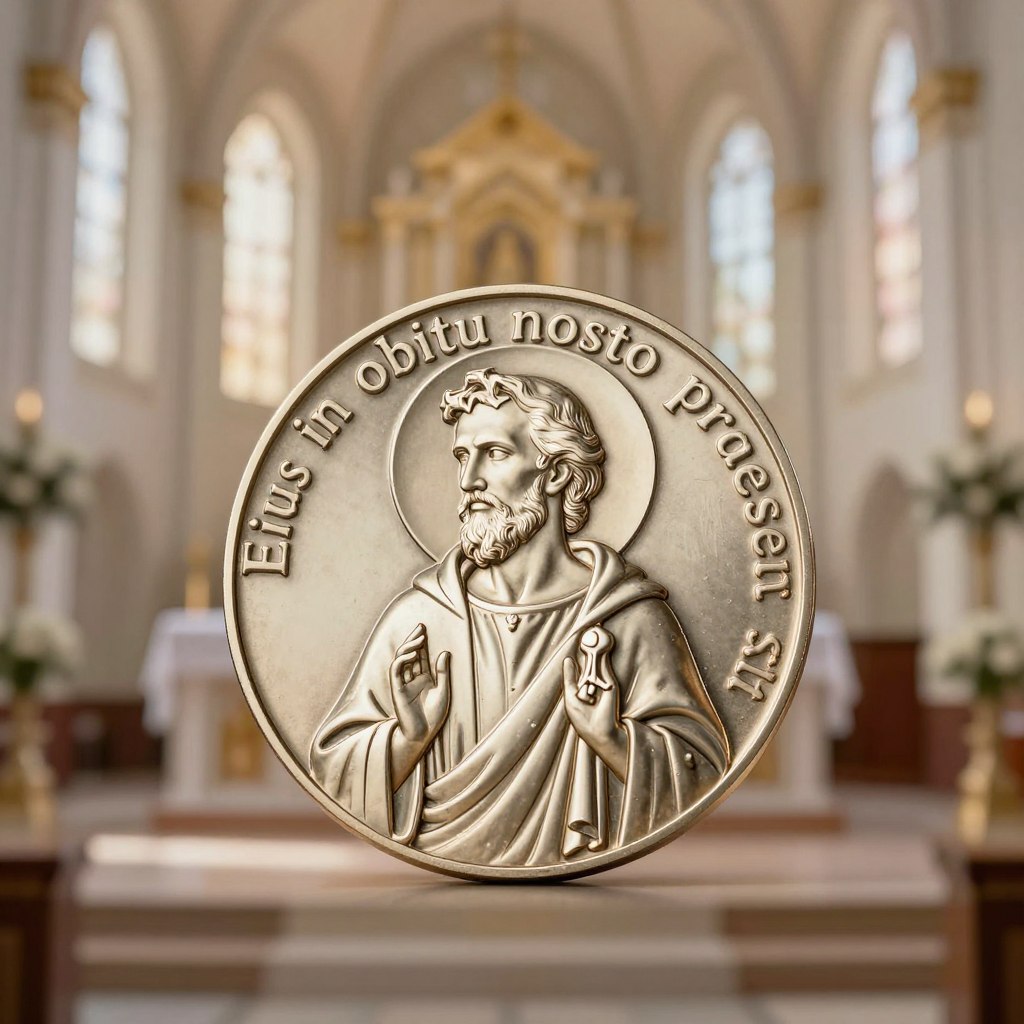 A beautifully detailed St. Benedict medal, metallic and gleaming, positioned prominently in the foreground. The medal features the iconic imagery of St. Benedict, along with the words "Eius in obitu nostro praesens sit" elegantly inscribed around the edges. Surround the medal with soft, ethereal light to create an atmosphere of protection and spirituality. In the middle ground, include a serene, blurred background depicting a tranquil chapel or a softly illuminated altar, hinting at a place of worship. The scene is captured from a slightly elevated angle to emphasize the medal's significance. The lighting should be warm and inviting, enhancing the sense of safety and divine presence, evoking a mood of calm and reassurance against malevolent forces.