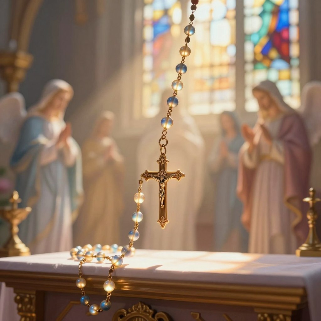A beautifully detailed illustration of an apparitions rosary, gracefully draped over an ornate wooden altar. In the foreground, the rosary features luminous beads, glowing softly in shades of blue and gold, with a delicately crafted crucifix at its center. In the middle ground, faint ethereal figures of apparitions appear, softly shimmering, conveying a sense of spiritual presence and connection. The background showcases a softly lit stained glass window, filtering warm sunlight into the scene, casting colorful reflections onto the altar. The atmosphere is serene and reverent, evoking feelings of peace and faith. Capture this composition with a gentle depth of field, using a warm, inviting lighting scheme to enhance the spiritual mood. A slight angelic glow should surround the apparitions, emphasizing their celestial nature. A beautifully detailed illustration of an apparitions rosary, gracefully draped over an ornate wooden altar. In the foreground, the rosary features luminous beads, glowing softly in shades of blue and gold, with a delicately crafted crucifix at its center. In the middle ground, faint ethereal figures of apparitions appear, softly shimmering, conveying a sense of spiritual presence and connection. The background showcases a softly lit stained glass window, filtering warm sunlight into the scene, casting colorful reflections onto the altar. The atmosphere is serene and reverent, evoking feelings of peace and faith. Capture this composition with a gentle depth of field, using a warm, inviting lighting scheme to enhance the spiritual mood. A slight angelic glow should surround the apparitions, emphasizing their celestial nature.