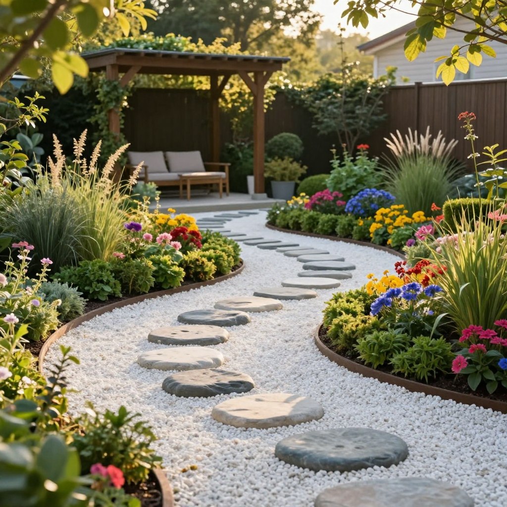 A beautifully landscaped backyard featuring elegant decorative gravel and stone paths weaving through lush greenery and vibrant flower beds. In the foreground, a curving path made of smooth river stones contrasts with fine, white gravel, leading the eye deeper into the garden. The middle ground showcases neatly trimmed hedges and colorful perennial plants in full bloom, creating a vibrant tapestry of color. In the background, a cozy seating area under a wooden pergola invites relaxation, surrounded by fragrant herbs and ornamental grasses. Soft, golden sunlight filters through the leaves, casting warm, inviting shadows across the scene. The image has a dreamy, tranquil atmosphere, perfect for showcasing stunning outdoor design ideas. A wide-angle perspective captures the harmonious blend of natural elements in this picturesque garden setting.