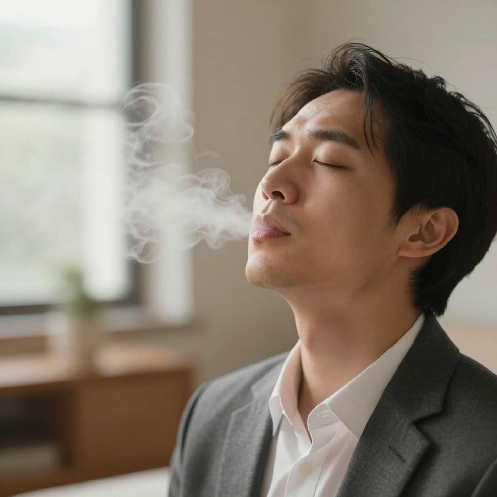 A calm and focused individual dressed in professional attire is depicted in the foreground, exhaling gently through their mouth, demonstrating a breathing technique. Their face reflects a sense of tranquility, with closed eyes and a relaxed expression. In the middle ground, soft, swirling visual representations of breath escape from their mouth, illustrating the concept of exhalation and anxiety release. The background features a serene, softly lit indoor space, perhaps a cozy room with natural light filtering through a window, contributing to a soothing atmosphere. The lens perspective is slightly from below, emphasizing the subject while maintaining a sense of warmth and approachability. The overall mood is calm and meditative, perfect for illustrating a breathing exercise, branded subtly with "Sunday Homily" in the scene's ambiance.