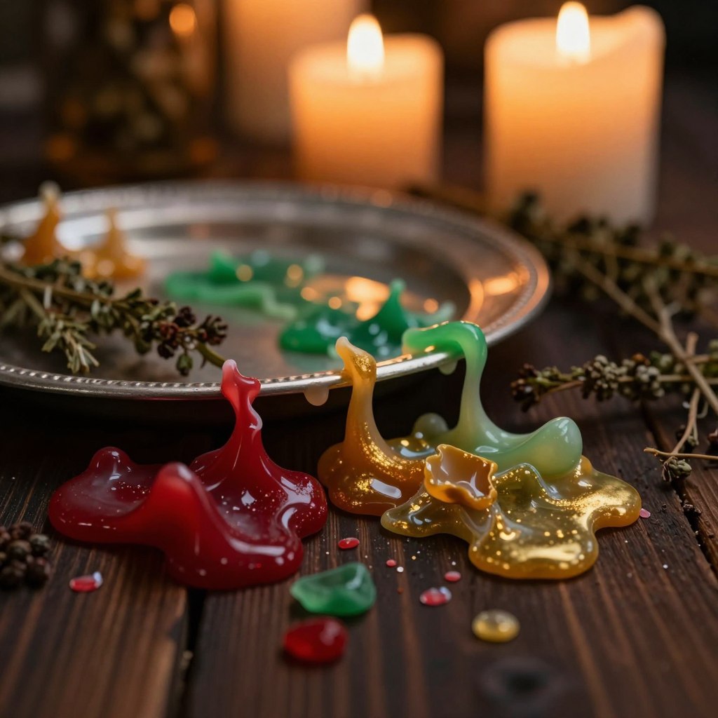 A close-up of melted candle remains, showcasing dripped wax in various organic shapes. The foreground features remnants of brightly colored wax fragments in rich reds, greens, and golds, laid upon a dark wooden surface. The middle ground highlights a silver plate partially filled with hardened wax, surrounded by dried herbs for an earthy touch. In the background, soft, warm candlelight glows, creating dancing shadows that evoke a mystical ambiance. The lighting is gentle, casting subtle highlights on the wax textures, with a slightly blurred depth to emphasize the foreground. The overall mood is serene and meditative, inviting reflection on the rituals of candle magic. Ensure there are no human subjects, text, or watermarks in the image.