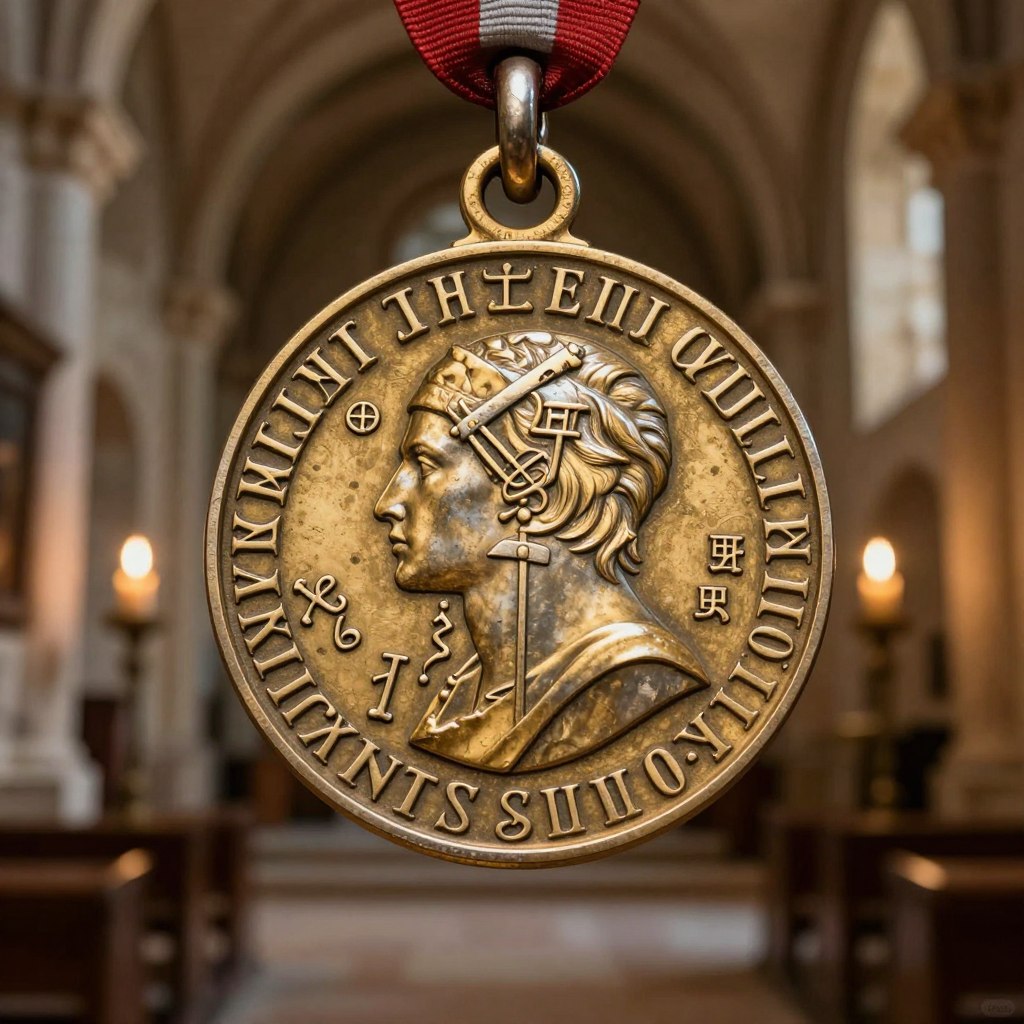 A close-up view of the St. Benedict medal, featuring intricate Latin inscriptions and symbols, displayed prominently in the foreground. The medal is beautifully detailed, capturing the contrast between shiny gold and aged silver tones. Surrounding the medal, a softly blurred backdrop of an ancient monastery interior, with stone walls and flickering candlelight, creates an atmospheric warmth. The lighting is warm and inviting, highlighting the depth of the engravings on the medal. The camera angle is slightly tilted to enhance the three-dimensionality of the medal, creating a sense of reverence and mystery. The overall mood is serene and contemplative, inviting the viewer to explore the significance of the symbols and inscriptions on the medal.