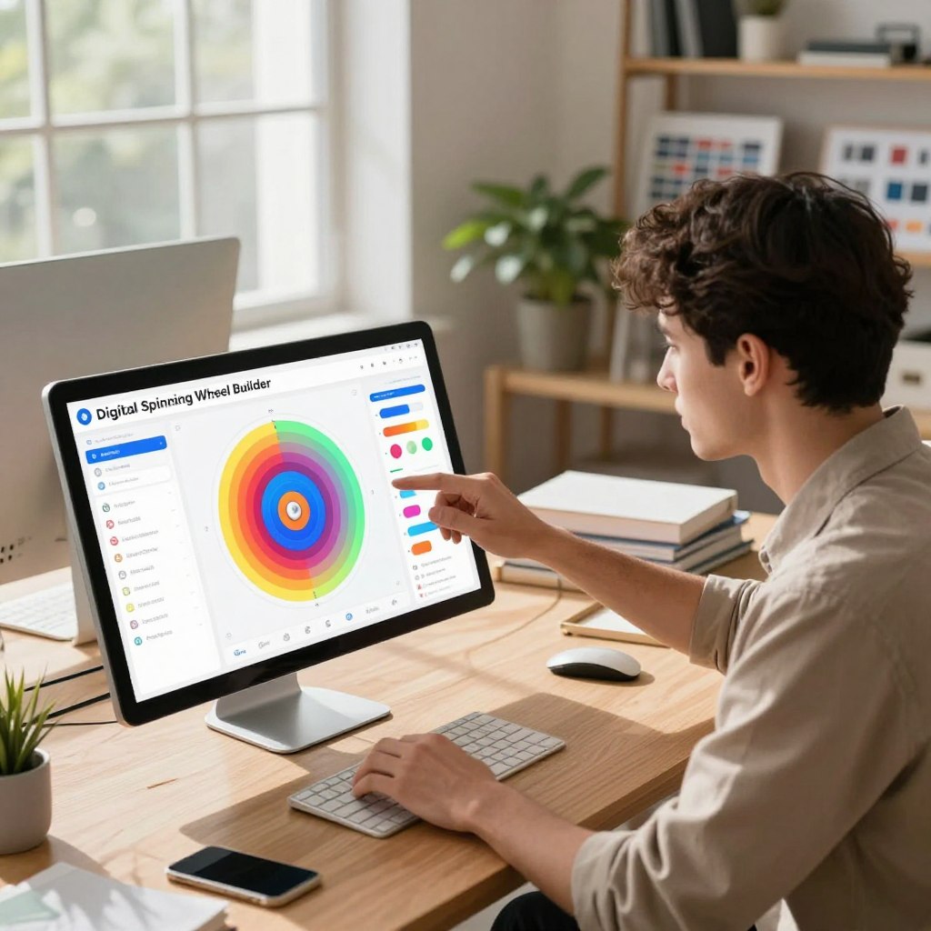 A digital workspace showcasing a "Digital Spinning Wheel Builder," positioned prominently in the foreground. The builder features an interactive interface with vibrant colors, realistic spinning animations, and customizable options like colors and icons. In the middle ground, a professional wearing smart casual clothing focuses intently on a computer screen, interacting with the tool. Bright, natural light filters through a large window, casting soft shadows and creating a welcoming atmosphere. The background includes shelves with design resources and a plant, emphasizing a creative environment. The angle captures the workspace from a slight bird’s-eye view, immersing the viewer in the experience of building the spinning wheel. The mood is focused and innovative, encouraging creativity and engagement.