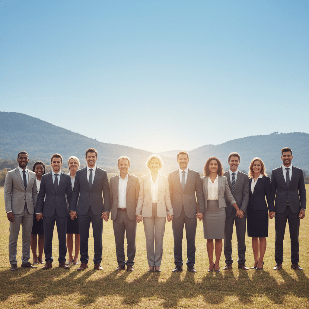 A diverse group of individuals, including men and women of varying ages and ethnicities, gathering in a serene outdoor setting, symbolizing unity. In the foreground, they stand hand-in-hand, wearing professional business attire, their faces expressing hope and determination. The middle ground features a soft, radiant light illuminating them, suggesting a divine presence guiding their mission. In the background, gentle hills and a clear blue sky evoke a sense of peace and harmony. The atmosphere is uplifting and inspirational, signaling a call to unity in faith and purpose. The composition captures the essence of "Sunday Homily," highlighting themes of community and collective mission in the world. Use a balanced composition with a warm color palette to enhance the scene's emotional resonance.