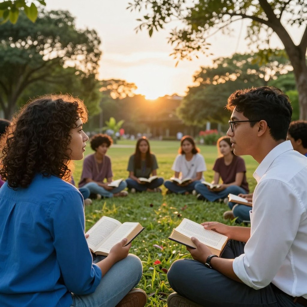 A diverse group of missionary disciples gathered in a serene outdoor setting, embodying a sense of purpose and community. In the foreground, two individuals, a woman with curly hair wearing a bright blue shirt and a man with glasses in a neat white button-up, are engaged in an animated discussion, holding open Bibles. In the middle, others are sitting on a soft green lawn, some sharing stories, others listening intently, with a glowing sunset in the background casting warm golden light over the scene. Surrounding them are lush trees and flowering plants, symbolizing growth and hope. The atmosphere is vibrant and hopeful, evoking inspiration and a call to action, with a gentle breeze rustling the leaves. The composition is shot at eye level, creating an intimate yet expansive feel.