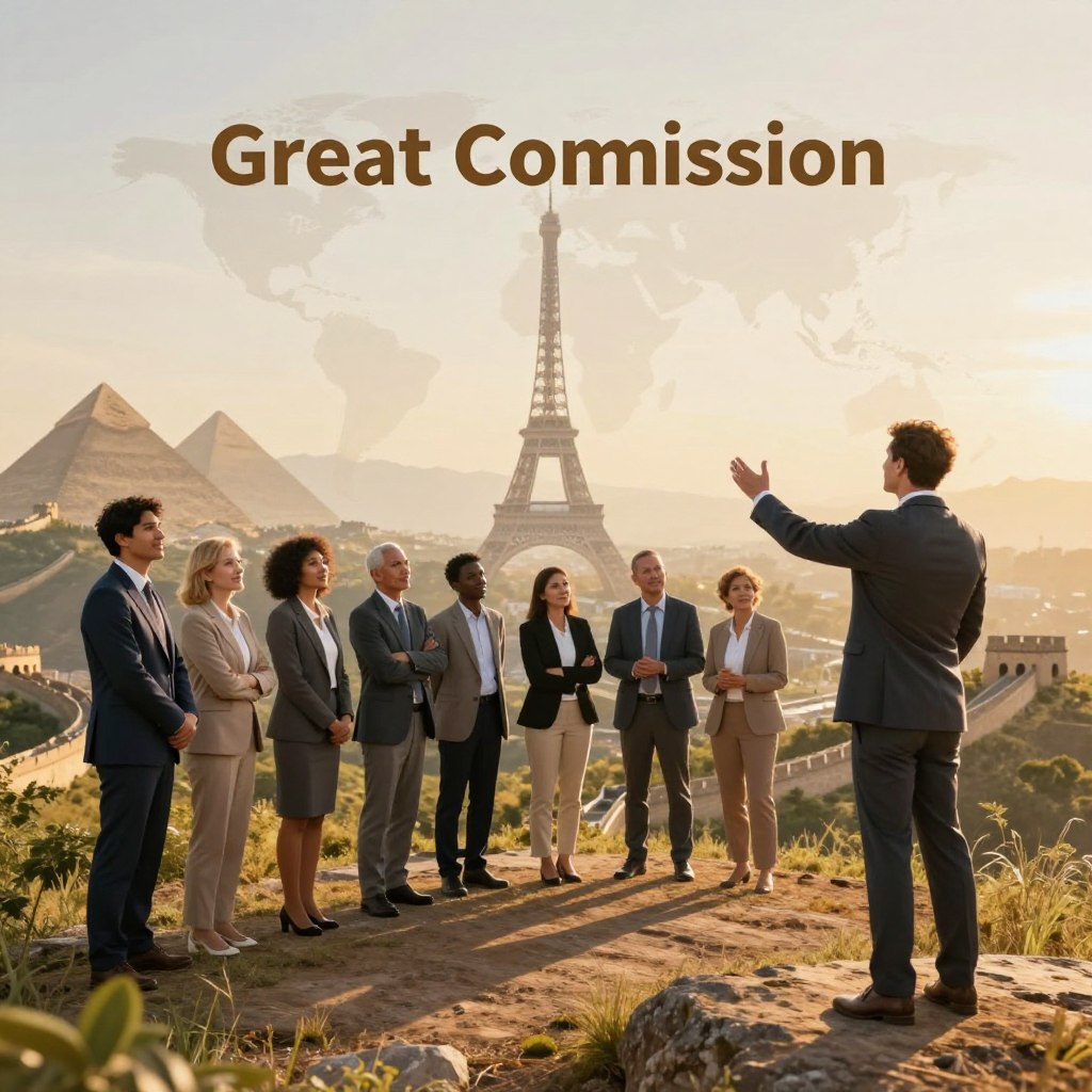A diverse group of people from various nations, dressed in professional business attire, gather on a hilltop overlooking a vast landscape, symbolizing the Great Commission. In the foreground, a charismatic leader gestures towards the horizon, inspiring hope and unity. The middle ground features individuals of different ethnicities and ages, animatedly listening and engaging with one another, representing their readiness to carry the message across the globe. The background reveals iconic landmarks from various countries subtly blended into a panoramic view, such as the Eiffel Tower, the Great Wall of China, and the Pyramids of Giza, bathed in warm golden sunlight, creating an uplifting and encouraging atmosphere. Use soft, natural lighting to evoke a sense of peace and purpose, captured with a wide-angle lens to emphasize the expansive scenery.