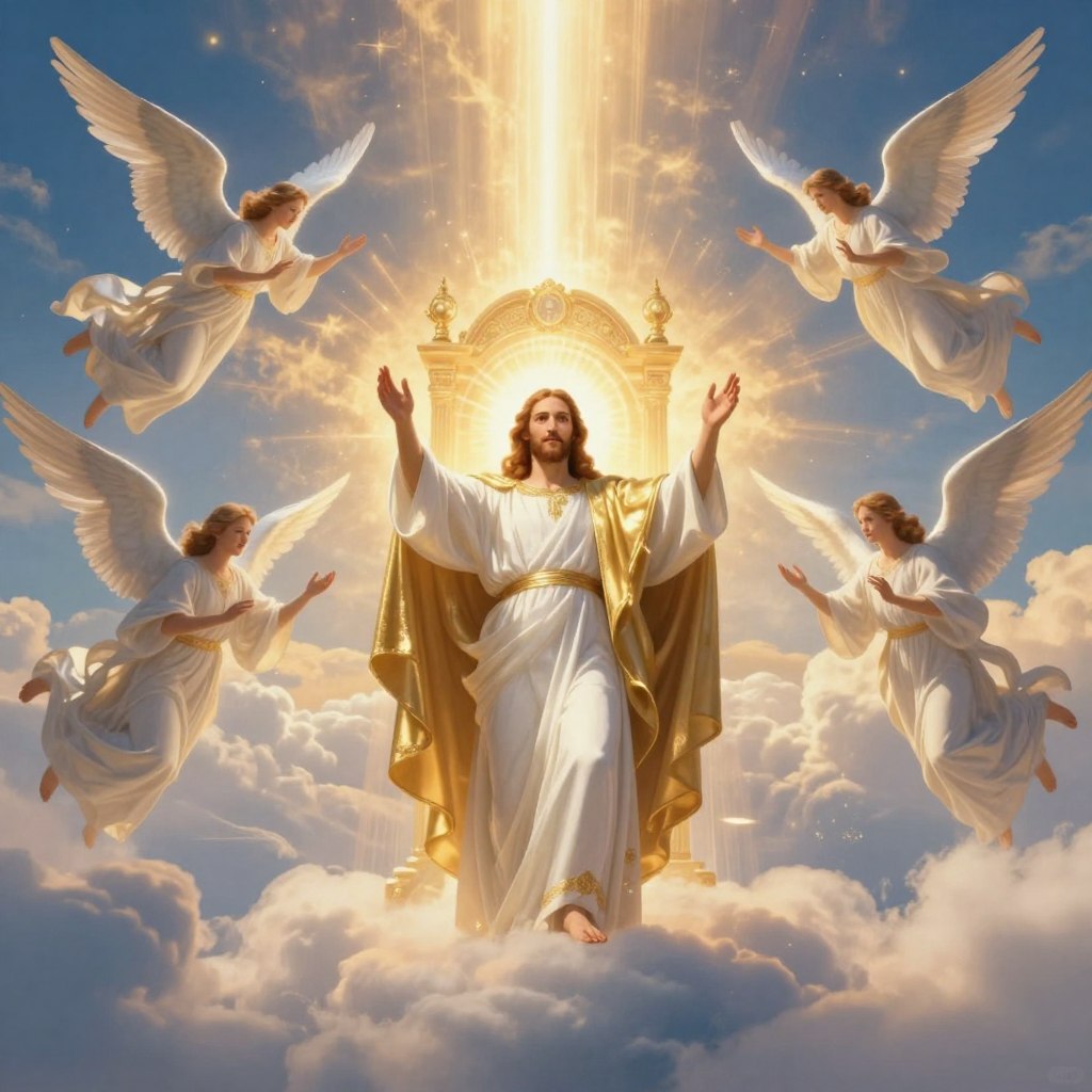 A divine scene depicting Jesus Christ ascending to the right hand of the Father. In the foreground, Jesus is clad in radiant robes of white and gold, his hands raised in blessing, surrounded by glowing celestial light. His expression is serene and exalted, embodying hope and transcendence. In the middle ground, ethereal clouds part to reveal a magnificent throne of light, symbolizing the Father’s presence. Angels, depicted in flowing white garments, soar around Him, harmoniously celebrating this moment of ascension. The background features a vibrant sky transitioning from deep blues to warm golds, suggesting the dawn of a new era. The atmosphere is uplifting and reverent, illuminated by soft, heavenly light, capturing the essence of spiritual elevation and divine connection. The angle is slightly below, emphasizing the ascendance, with a balanced, harmonious composition that conveys peace and majesty.