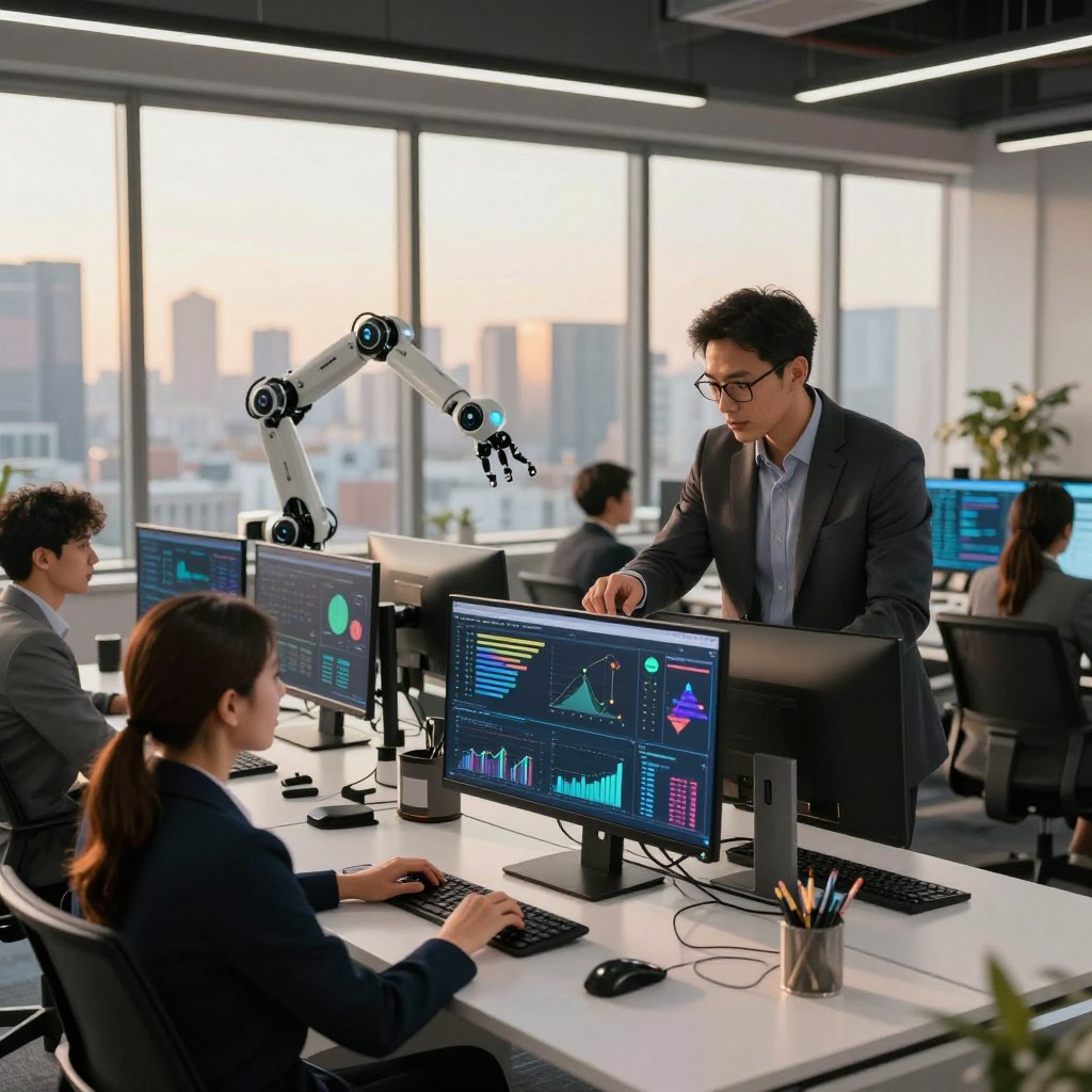A dynamic, futuristic office environment with a diverse group of professionals, dressed in smart business attire, working collaboratively at sleek desks equipped with multiple monitors displaying vibrant graphs and analytics related to affiliate marketing. In the foreground, a woman is focused on her screen, analyzing data, while a man nearby discusses strategies with a colleague, pointing at a digital chart. The middle ground features automated systems represented by stylized, robotic arms managing digital tasks, illustrating the automation aspect. The background has large windows with a city skyline, bathed in warm, golden light, suggesting a productive afternoon. The overall mood is energetic and innovative, capturing the excitement of scaling affiliate marketing through AI and automation.