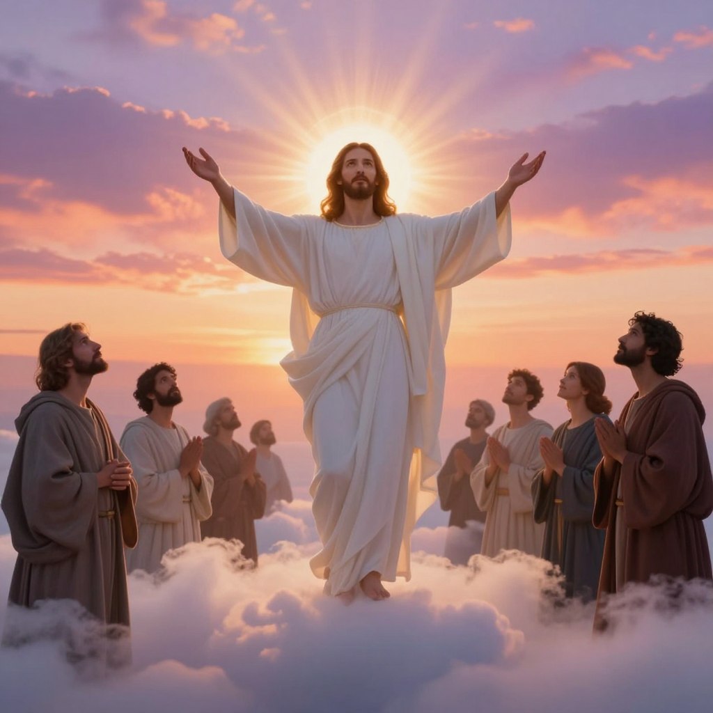 A majestic, ethereal scene depicting the Ascension of the Lord, filled with spiritual significance. In the foreground, a radiant figure of the Lord, dressed in flowing white robes, is seen ascending with arms outstretched, surrounded by soft golden light and gentle rays. The middle ground features a group of awestruck disciples, dressed in modest, professional attire, gazing upward with expressions of hope and reverence. The background showcases a vibrant sunset sky, with hues of orange, pink, and purple blending seamlessly, symbolizing a momentous transition. Soft clouds drift around the ascended figure, adding to the celestial atmosphere. The overall mood is serene and uplifting, highlighting themes of inspiration and reflection, with soft focus and a warm, glowing light illuminating the scene to create a sense of divine presence.