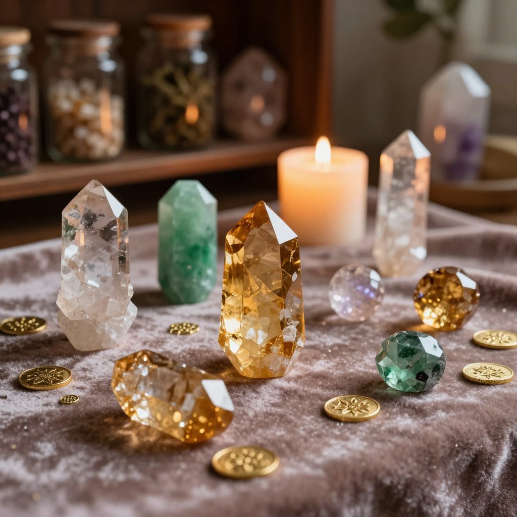 A mesmerizing arrangement of prosperity crystals, including citrine, green jade, and aventurine, arranged elegantly on a luxurious velvet cloth. In the foreground, the crystals shimmer in soft, ethereal light, reflecting a warm golden hue. Surrounding them, delicate gold symbols of abundance, like coins and small mandalas, subtly enhance the scene. In the middle ground, a softly glowing candle casts a gentle flicker of light that dances across the crystals, creating a serene and inviting atmosphere. The background features blurred dark wood shelves lined with herbal jars and more crystals, adding depth and context. The overall mood is one of tranquility and positivity, evoking feelings of wealth and abundance. The composition is shot with a slight diagonal angle, accentuating the crystals' beauty and ensuring a dreamy vibe.
