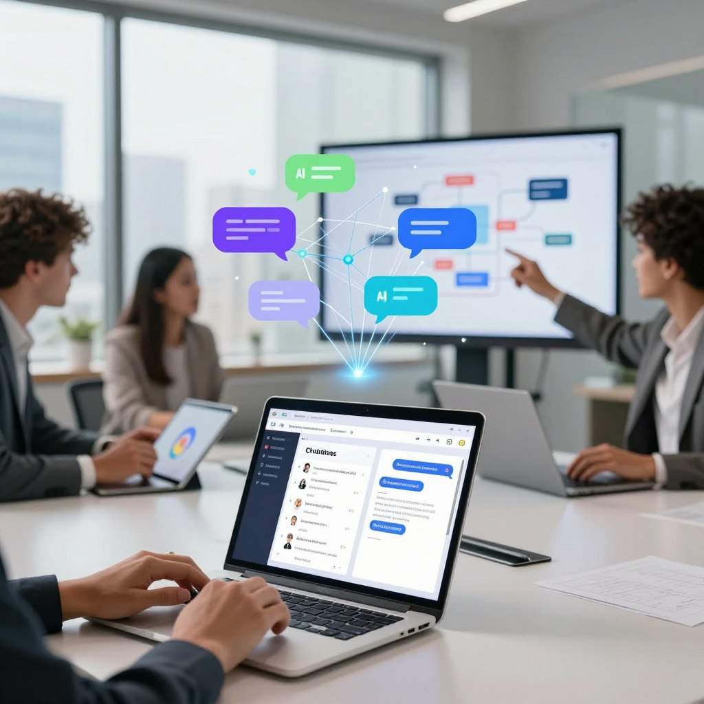 A modern digital workspace showcasing a diverse team of professionals collaborating on developing custom AI chatbots. In the foreground, a laptop with a vibrant user interface displaying chatbot design tools and algorithms. To the left, a person in business attire types on a tablet, while to the right, another professional gestures towards a flowchart displayed on a screen. In the middle, an abstract representation of digital chat bubbles and data connections symbolizing AI interactions float above a sleek conference table. The background features a large window with city views and soft natural light streaming in, creating an inspiring and innovative atmosphere. The overall mood is energetic and collaborative, highlighting the potential of AI in business solutions.