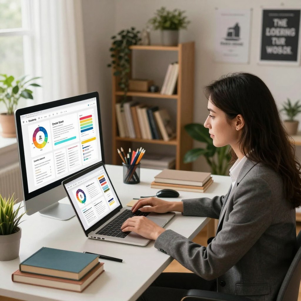 A modern home office scene featuring a professional woman in neat business attire, sitting at a stylish desk with a laptop, creating an online course. The foreground captures her focused expression as she types and designs course materials, surrounded by books and stationery. In the middle, various colorful charts and course outlines are displayed on her computer screen. The background showcases a well-lit room with plants, a bookshelf, and motivational posters, enhancing productivity. The lighting is warm and inviting, emanating from a window, creating a cozy yet professional atmosphere. The angle is slightly elevated, providing a clear view of both the subject and the workspace, emphasizing creativity and organization in the process of online course creation and sales.