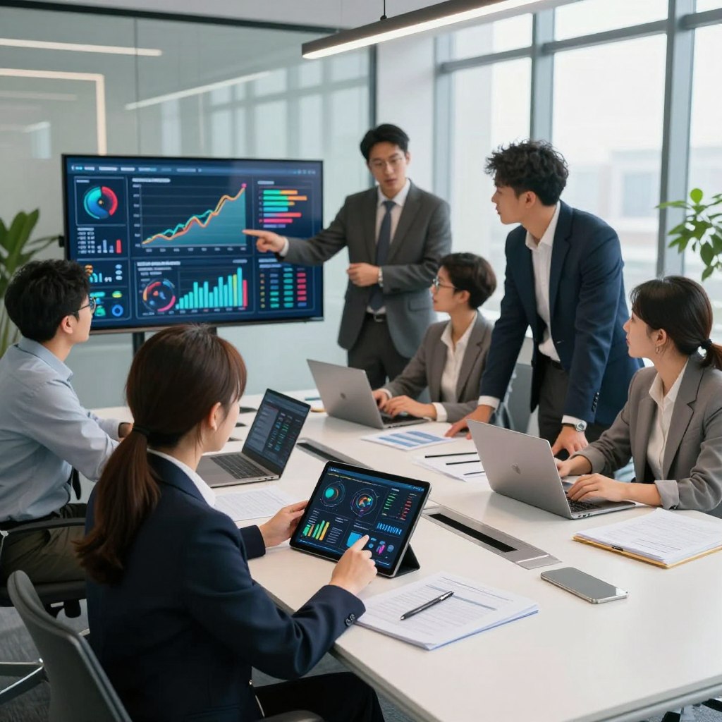 A modern office setting depicting a diverse group of professionals engaged in data analytics consulting. In the foreground, a focused woman in a smart blazer studies a digital tablet displaying complex data visualizations. Beside her, a man in a tailored suit points to a large screen filled with colorful graphs and charts, illustrating trends and insights. The middle ground includes additional colleagues discussing strategies, with laptops and notepads scattered across a sleek conference table. In the background, large windows let in natural light, illuminating the contemporary decor of the space. The atmosphere is collaborative and innovative, with a hint of excitement about leveraging AI tools for data-driven decision-making. The overall composition is well-lit, shot from a slightly elevated angle to capture the dynamic interaction among the team.