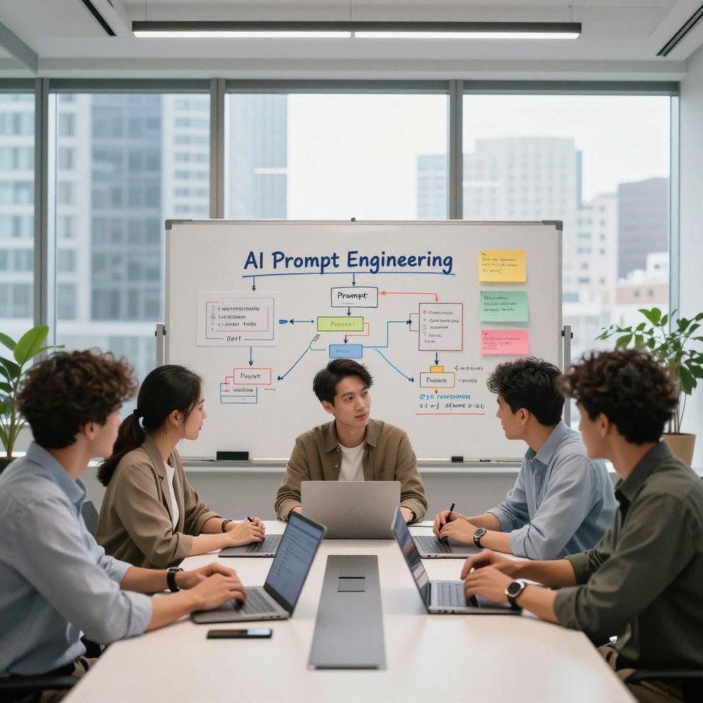 A modern office space showcasing a professional setting dedicated to AI prompt engineering services. In the foreground, a diverse group of three individuals—two men and one woman—are engaged in a brainstorming session around a sleek conference table with digital devices in front of them. They are dressed in smart casual attire, exuding an atmosphere of collaboration and innovation. The middle layer features a whiteboard filled with colorful diagrams and notes related to AI and prompt engineering, while a large window in the background brings in natural light, offering a view of a bustling city skyline. The lighting is bright and inviting, creating an optimistic mood that emphasizes creativity and technology. The perspective is at eye level, capturing the essence of teamwork and modernity in the realm of AI.