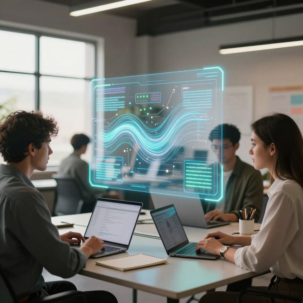 A modern workspace depicting the concept of AI content creation. In the foreground, a diverse group of two professionals, a man and a woman, sitting at a sleek desk equipped with laptops and notepads, both dressed in smart casual attire. The middle layer features a glowing holographic display showing flowing lines of text and graphics, symbolizing AI technology at work, with subtle blue and green lights illuminating the scene. The background includes a minimalist office with large windows letting in soft natural daylight, creating a warm and inviting atmosphere. The mood is dynamic and focused, emphasizing creativity and the future of freelance writing powered by AI technology. Use a slight depth of field to enhance focus on the subjects and the holographic display.