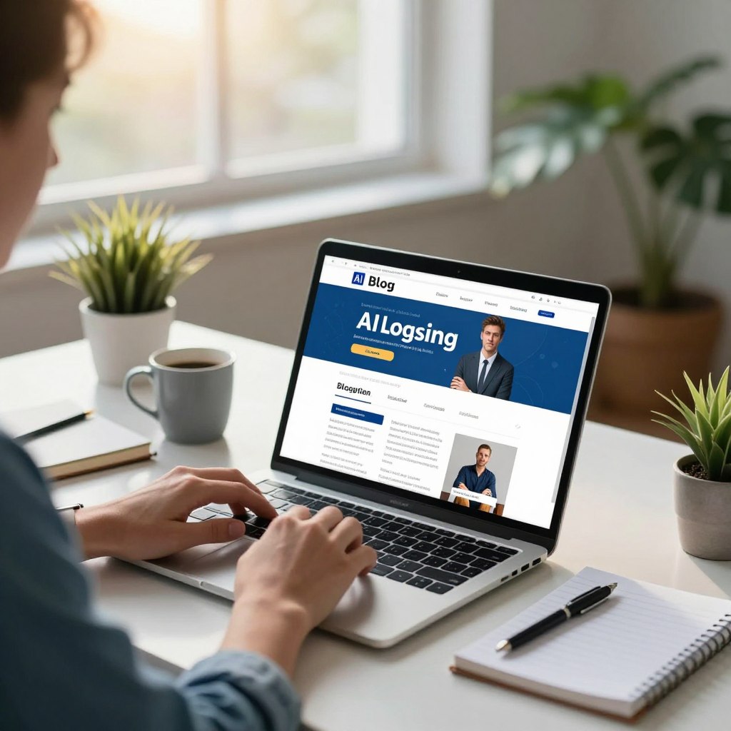 A modern workspace featuring a professional person in smart casual attire, intently working on a laptop. In the foreground, the laptop screen displays a lively blog interface with engaging content about AI and blogging. The middle of the image shows an organized desk with notebooks, a coffee mug, and a potted plant, indicating a creative environment. In the background, soft sunlight streams through a large window, casting warm light that enhances the cozy atmosphere. The color palette includes soft blues and warm greens to evoke a feeling of inspiration and productivity. The composition is balanced, focusing on the act of launching a blog while subtly incorporating AI elements, without overwhelming the viewer.
