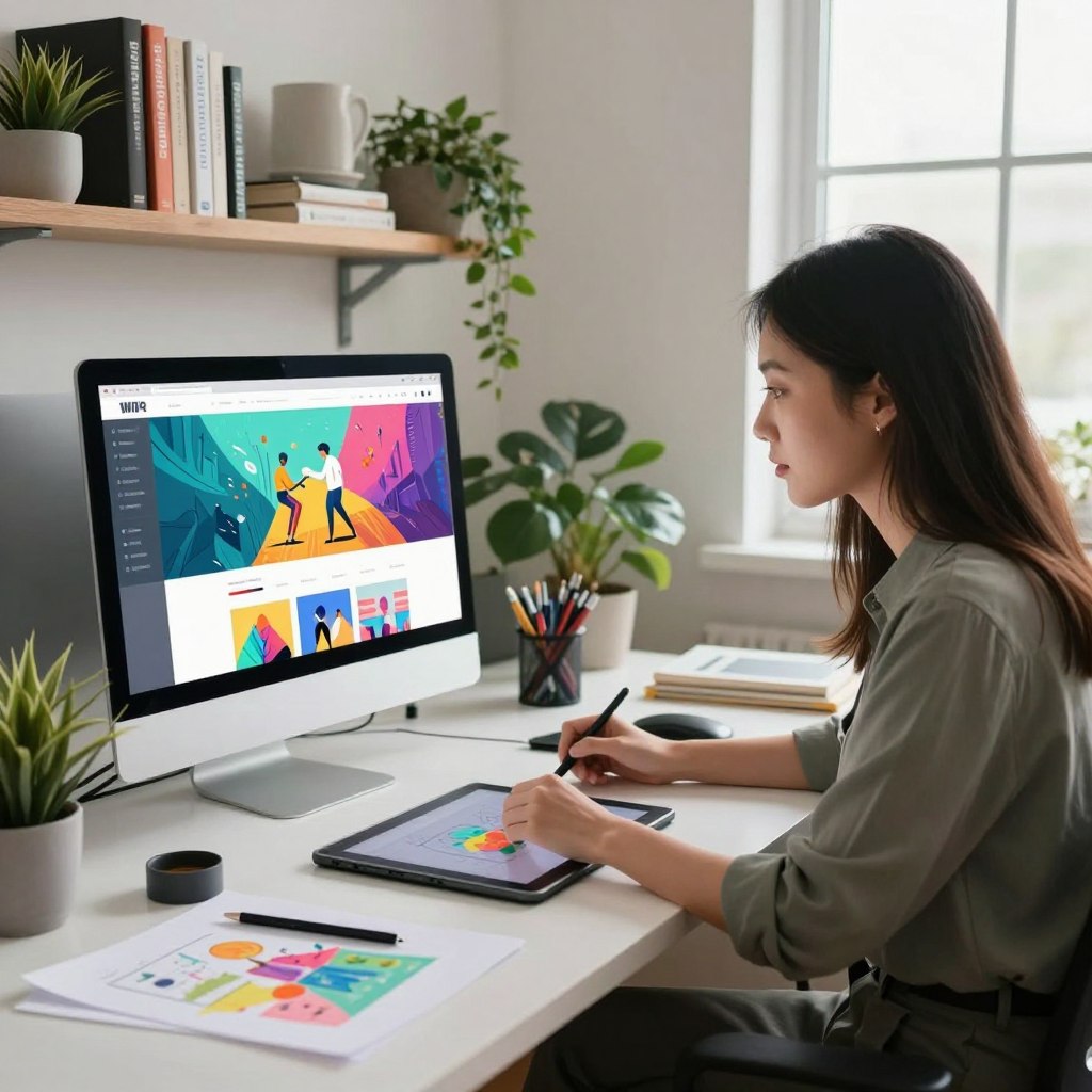 A modern workspace featuring a professional web designer at a sleek desk, intently working on a high-resolution computer screen displaying a vibrant website prototype. In the foreground, the designer, a young Asian woman in smart casual attire, is using a digital pen on a tablet, surrounded by colorful sketches and design tools. The middle ground includes a stylish bookshelf filled with design books and plants, enhancing the creative atmosphere. In the background, large windows allow natural light to flood the room, creating a bright and inviting environment. The scene conveys a sense of productivity and innovation, with a gentle, warm glow that suggests a positive, creative energy.