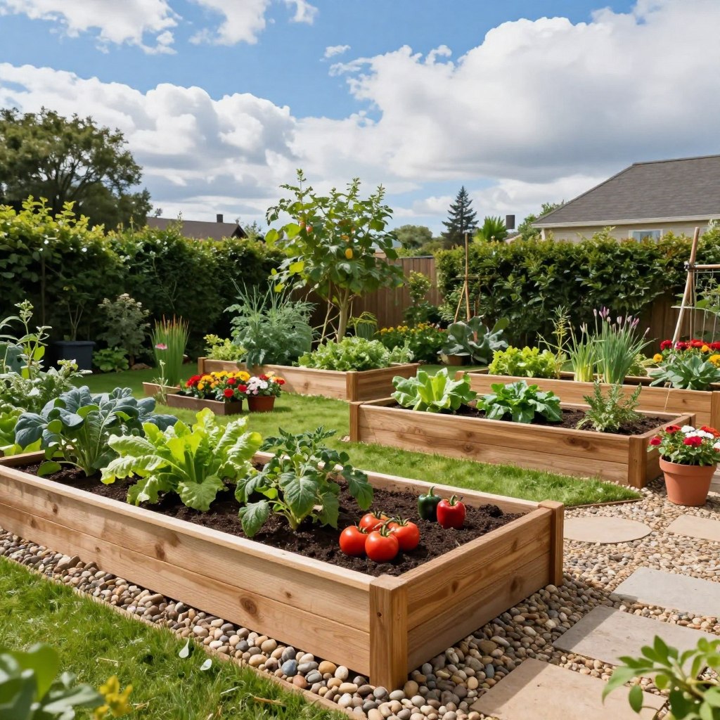A picturesque scene of a backyard featuring beautifully constructed raised garden beds brimming with vibrant vegetables like tomatoes, peppers, and leafy greens. In the foreground, the wooden beds are meticulously built with rich, dark soil, surrounded by a small, winding pathway made of pebbles. In the middle ground, lush greenery of a well-maintained lawn complements the beds, while colorful flowers in pots add charm. The background showcases a bright blue sky with fluffy white clouds, casting soft, natural light over the scene. The atmosphere feels serene and inviting, encapsulating the essence of a flourishing vegetable garden. The image is framed from a slightly elevated angle to capture the layout of the garden, emphasizing the organization and beauty of the raised beds.