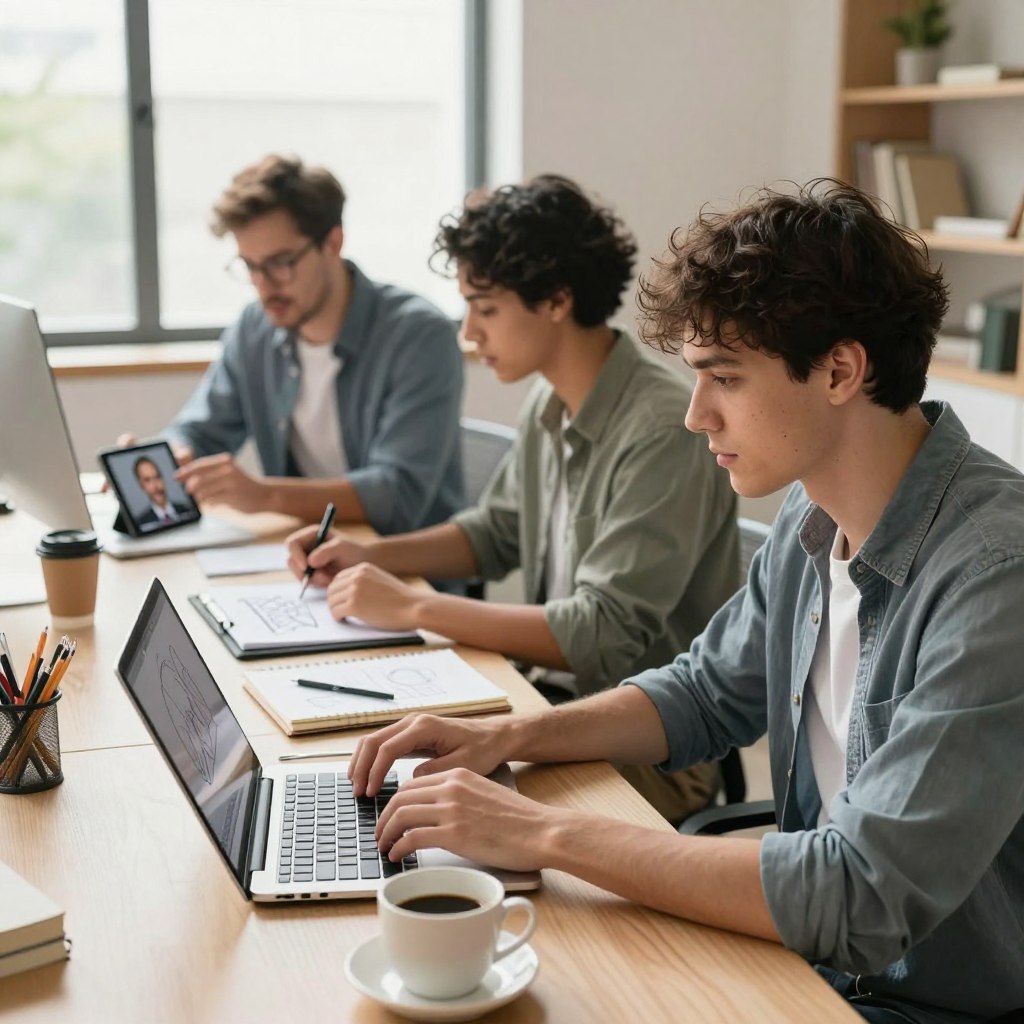 A professional, modern workspace scene depicting a diverse group of individuals engaged in various side hustle activities. In the foreground, a person in business casual attire is working on a laptop, surrounded by notebooks and a coffee cup, focused on generating ideas. In the middle ground, another individual is sketching designs on a tablet, showcasing creativity and innovation. A third person is participating in a video call, discussing freelance projects. The background features a large window with natural light streaming in, adding a warm ambiance to the room. The atmosphere conveys productivity and collaboration, inspiring viewers to explore effective AI money-earning methods today. Soft shadows and a bright color palette enhance the uplifting mood.