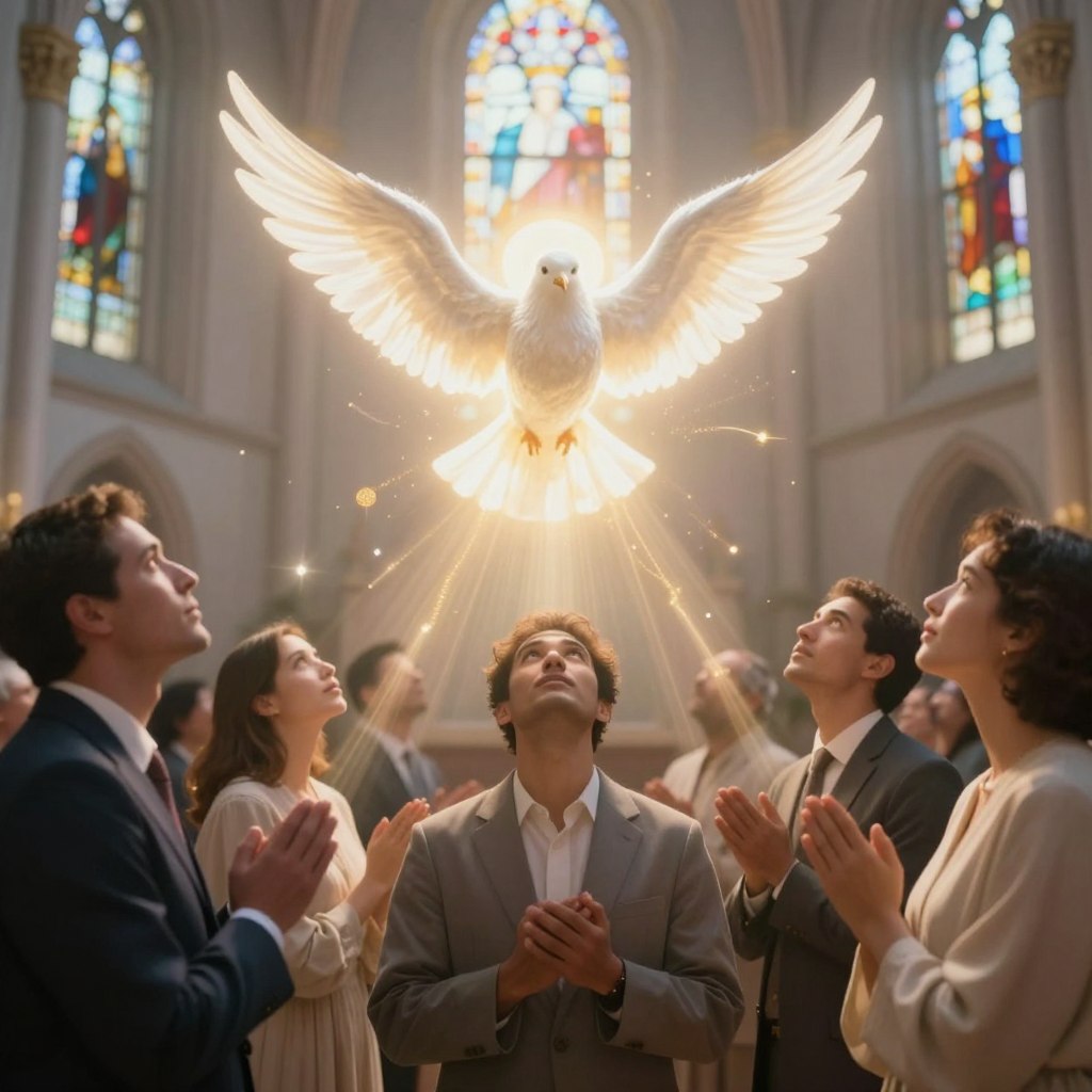 A radiant depiction of the Holy Spirit in the form of a glowing dove, gracefully descending from the heavens. The foreground features ethereal light beams illuminating a diverse group of people in professional and modest attire, united in prayer, their faces uplifted in reverence and awe. In the middle ground, a soft, glowing aura surrounds the dove, symbolizing unity and divine presence, while strands of golden light connect the individuals, suggesting their shared faith and connection through the Spirit. The background showcases a serene, softly blurred church interior, with stained glass windows allowing colorful light to filter through. The atmosphere is peaceful, inspiring hope and harmony, with natural lens flares enhancing the divine essence of the moment. The overall mood evokes a sense of spiritual awakening and overcoming division, embodying the essence of community through the Holy Spirit.