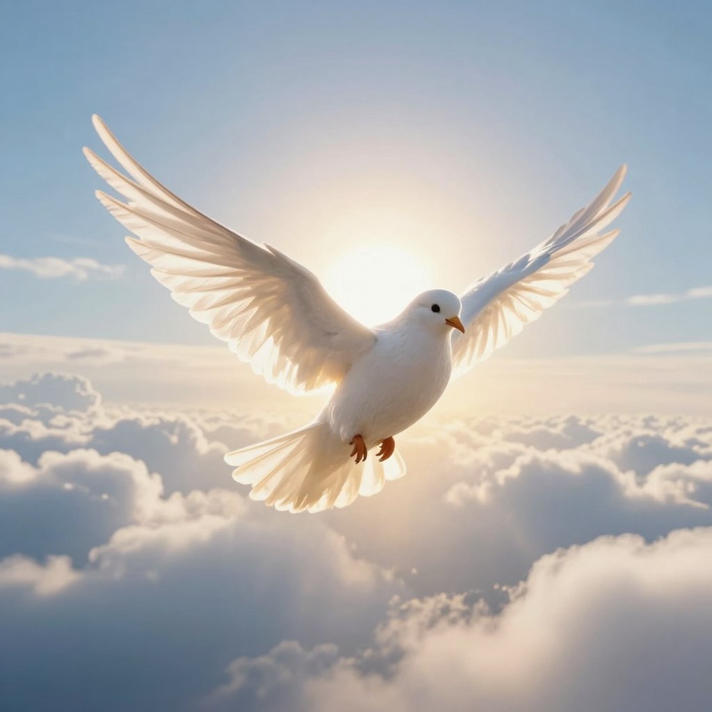 A radiant depiction of the Holy Spirit, represented as a luminous dove, soaring gracefully through a serene sky. In the foreground, the dove is detailed with shimmering feathers that reflect the warm golden light of a divine aura. The middle ground features soft, billowing clouds tinged with hues of blue and white, creating a sense of peace and calm. In the background, a bright sun breaks through, illuminating the scene and radiating warmth. The atmosphere is ethereal and uplifting, evoking a sense of divine presence and inspiration. The composition should have a wide-angle perspective, allowing the viewer to feel enveloped in this sacred moment, with soft, diffused lighting to enhance the spiritual essence of the image.
