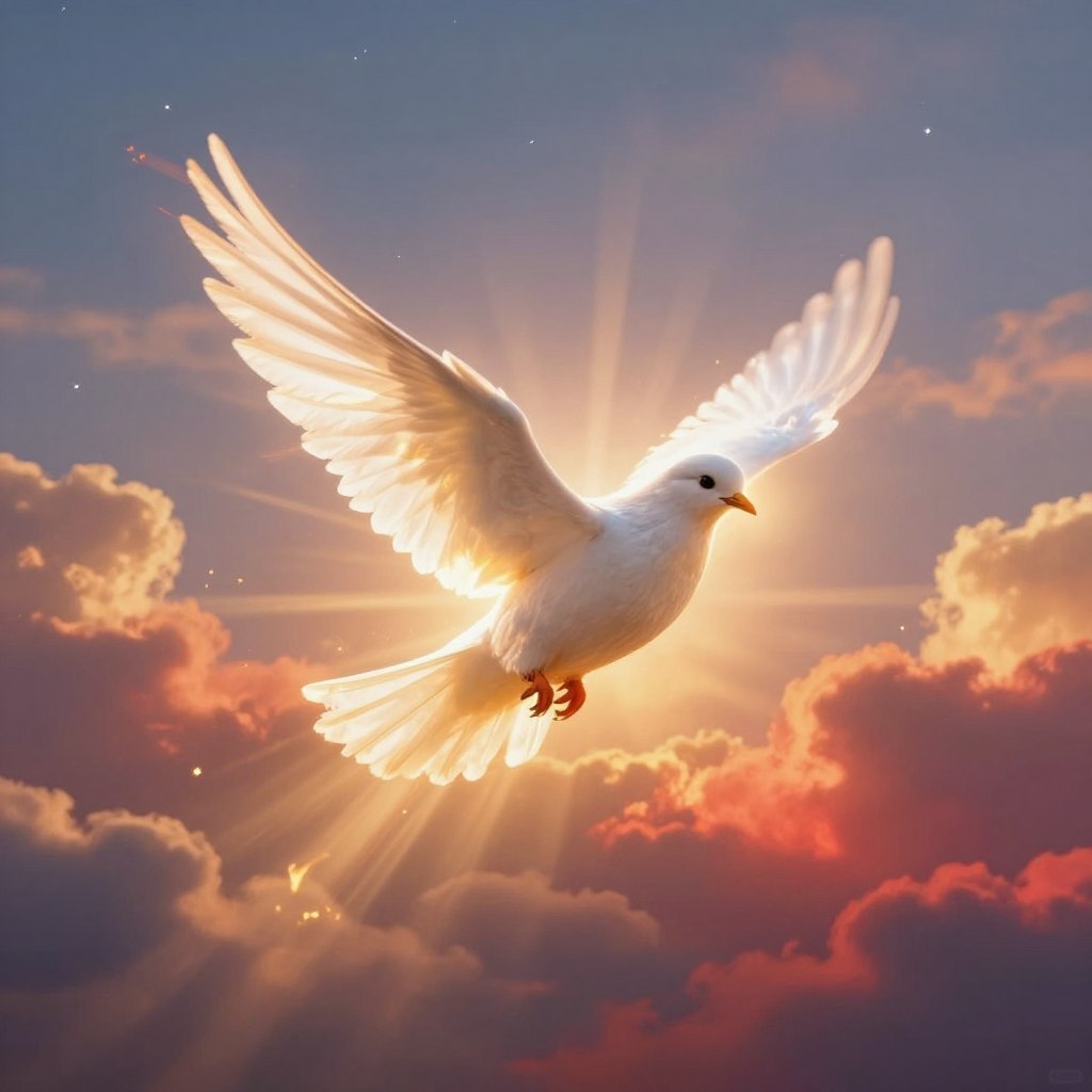A radiant depiction of the Holy Spirit, symbolized by a luminous dove, gliding gracefully through the air. The foreground features the dove with ethereal, shimmering feathers, emanating rays of light resembling flames, representing the fire of divine presence. In the middle ground, billowing clouds infused with vibrant, warm hues of gold and red create a sense of movement, suggesting the breath of God. The background includes a serene sky transitioning from dusk to twilight, dotted with gentle starlight, enhancing the sacred atmosphere. Soft, diffused lighting casts a heavenly glow, with a focus on the dove, evoking feelings of peace, inspiration, and reverence. The overall mood is uplifting and transcendent, capturing the essence of divine presence during Pentecost.