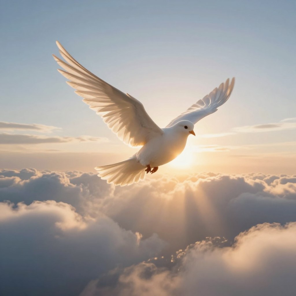 A radiant portrayal of the Holy Spirit as a luminous dove, soaring gracefully through a serene sky. In the foreground, the dove's wings are outstretched, emanating soft, golden light that symbolizes divine presence and inspiration. In the middle ground, wisps of ethereal clouds create a dreamlike atmosphere, hinting at the connection between prophecy and dreams. The background features a sunlit horizon, with soft rays piercing through the clouds, giving a sense of hope and renewal. The lighting is warm and inviting, casting gentle shadows that enhance the mood of serenity and reflection. Capture this moment with a wide-angle lens to emphasize the expansiveness of the sky, evoking feelings of awe and inspiration.