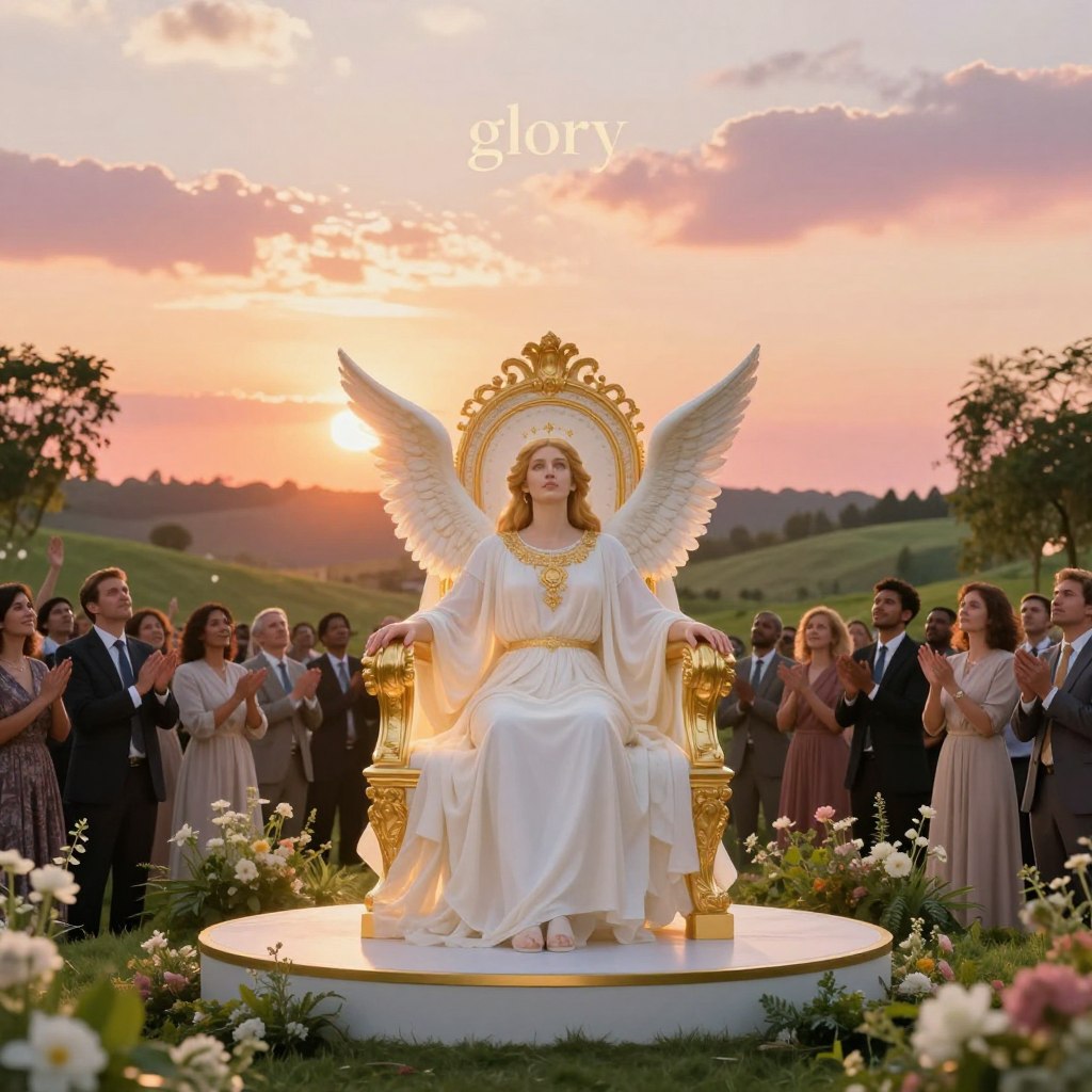 A radiant scene symbolizing "glory," featuring a majestic throne adorned with golden accents as the focal point in the foreground. A soft, ethereal light bathes the throne, illuminating intricate carvings that depict serene angels. In the middle ground, a crowd of diverse figures in professional attire, celebrating and gazing upward with expressions of awe and reverence. They are surrounded by lush greenery and delicate flowers, hinting at a thriving garden. In the background, a gentle, rolling landscape under a radiant sunset sky, casting hues of orange and pink. The atmosphere conveys a sense of hope, divinity, and celebration, captured with a wide-angle lens to encompass both tranquility and grandeur.