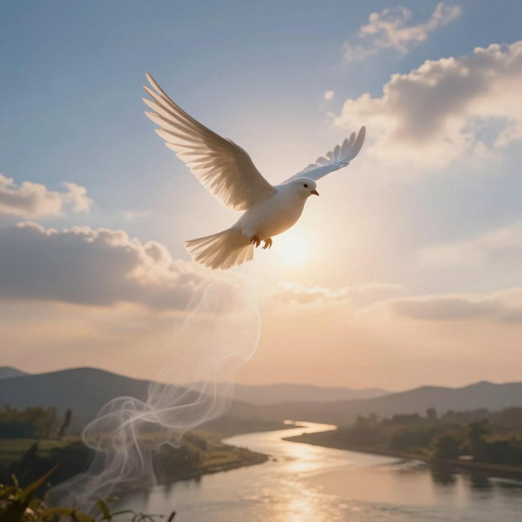 A serene and ethereal depiction of the Holy Spirit as a dove, gracefully descending from above amidst soft, golden rays of light. In the foreground, delicate wisps of smoke or vapor intertwine, hinting at divine presence. The middle ground captures a peaceful landscape, with gentle hills and a tranquil river reflecting the soft illumination. The background features a warm, cloud-filled sky transitioning from deep blues to pale oranges, symbolizing hope and new beginnings. The atmosphere is tranquil and uplifting, evoking a sense of grace and devotion. Use soft focus and a slight lens flare effect to enhance the mood of reverence and inspiration, with soft, diffused lighting to create depth and warmth in the scene.