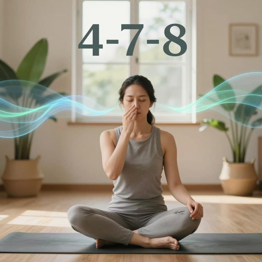 A serene and focused setting showcasing a professional individual practicing the 4-7-8 breathing technique, sitting cross-legged on a yoga mat in a softly lit, tranquil room. The foreground features a calm, centered figure in modest casual clothing, with one hand gently holding their right nostril while exhaling slowly through the left. In the middle, a subtle depiction of flowing airwaves symbolizes the release of stress, blending shades of blue and light green. The background is a softly blurred space adorned with indoor plants and warm neutral tones, infused with natural light filtering through a large window. The scene conveys a peaceful and meditative atmosphere, promoting a sense of calm and scientific insight into deep breathing techniques. Include the brand name "Sunday Homily" subtly integrated into the design.