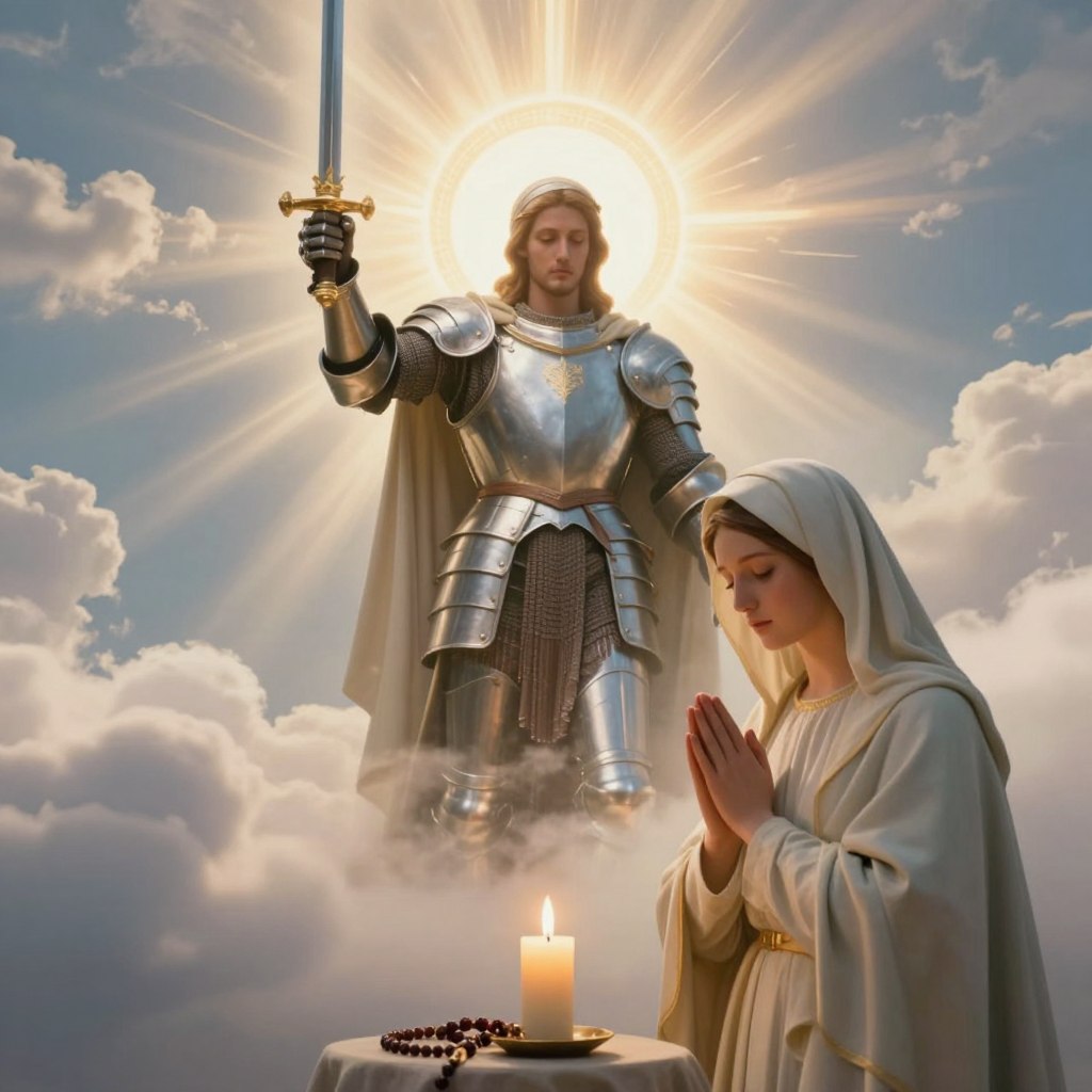 A serene and inspiring depiction of St. Michael in full armor, poised with his sword raised, symbolizing protection and strength. Surround him with ethereal rays of light, casting a divine glow. In the foreground, include a modestly dressed figure of the Virgin Mary, hands clasped in prayer, radiating compassion and grace. The middle ground features a collection of prayer beads and a lit candle, signifying prayer and devotion. The background showcases a soft, heavenly landscape with gentle clouds and rays of sunlight breaking through, creating a tranquil atmosphere. The lighting is warm and inviting, enhancing the sacred mood. Use a slightly elevated angle to capture a sense of reverence and depth in the composition. The overall feeling should be one of peace, faith, and divine intercession. A serene and inspiring depiction of St. Michael in full armor, poised with his sword raised, symbolizing protection and strength. Surround him with ethereal rays of light, casting a divine glow. In the foreground, include a modestly dressed figure of the Virgin Mary, hands clasped in prayer, radiating compassion and grace. The middle ground features a collection of prayer beads and a lit candle, signifying prayer and devotion. The background showcases a soft, heavenly landscape with gentle clouds and rays of sunlight breaking through, creating a tranquil atmosphere. The lighting is warm and inviting, enhancing the sacred mood. Use a slightly elevated angle to capture a sense of reverence and depth in the composition. The overall feeling should be one of peace, faith, and divine intercession.