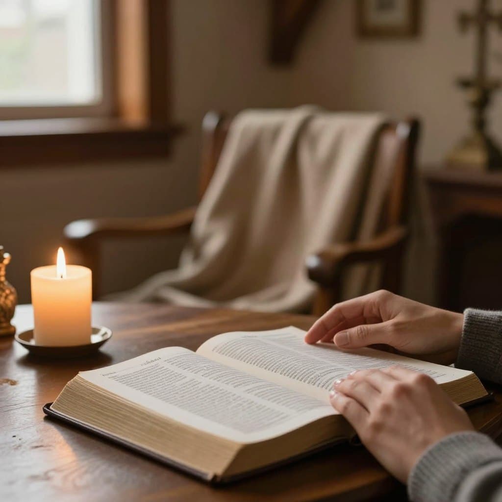 A serene and inviting setting showcasing a table adorned with an open Bible, pages gently turned to reveal the daily mass readings. The foreground features a pair of hands, one holding a lit candle, and the other resting on the scripture, symbolizing reflection and personal insight. In the middle, a soft-focus view of a warm, wooden chair with a cozy blanket draped over it, suggesting a personal space for contemplation. The background includes a softly lit room with rich wooden beams and a window casting warm, natural light, creating a peaceful atmosphere. The mood is contemplative and introspective, emphasizing spiritual growth and personal journeys. The image should evoke a sense of calm and connection to faith.