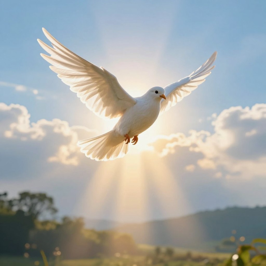 A serene and luminous depiction of the Holy Spirit, represented as a white dove with outstretched wings, gliding gracefully through a radiant sky. In the foreground, soft beams of golden light shine down, illuminating the dove as it embodies purity and peace. The middle ground features gentle clouds that subtly blend into a brilliant blue sky, creating a sense of divine connection. In the background, faint silhouettes of lush trees and gentle hills evoke a tranquil landscape, suggesting the presence of nature and life. The lighting is warm and ethereal, evoking a sense of hope and inspiration. The overall mood is uplifting and reflective, inviting viewers to contemplate the role of the Holy Spirit in guiding and uplifting our lives.